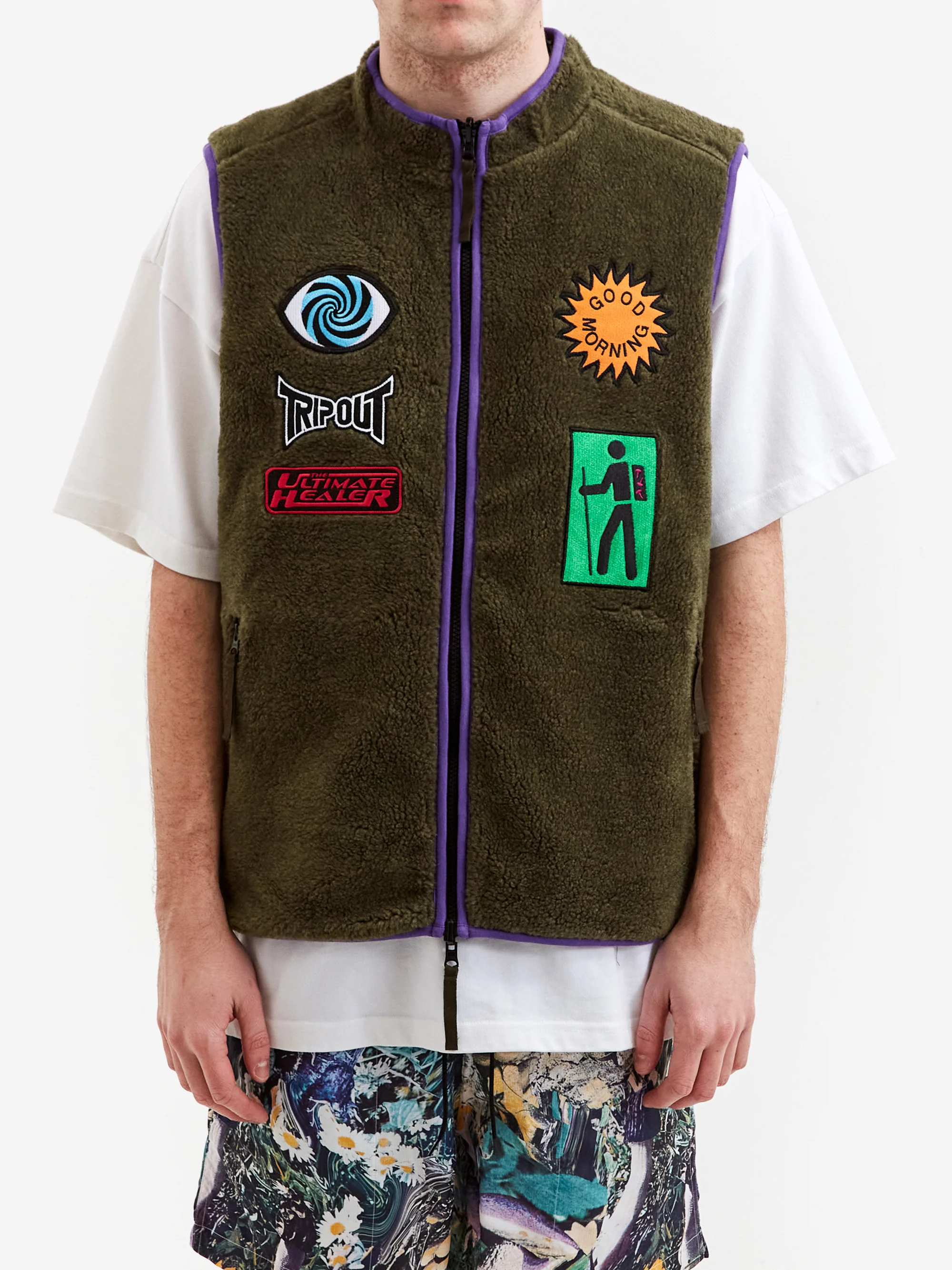 Good Morning Tapes Reversible Polar Fleece Zip Thru Vest - Moss/Shrooms - Image 2