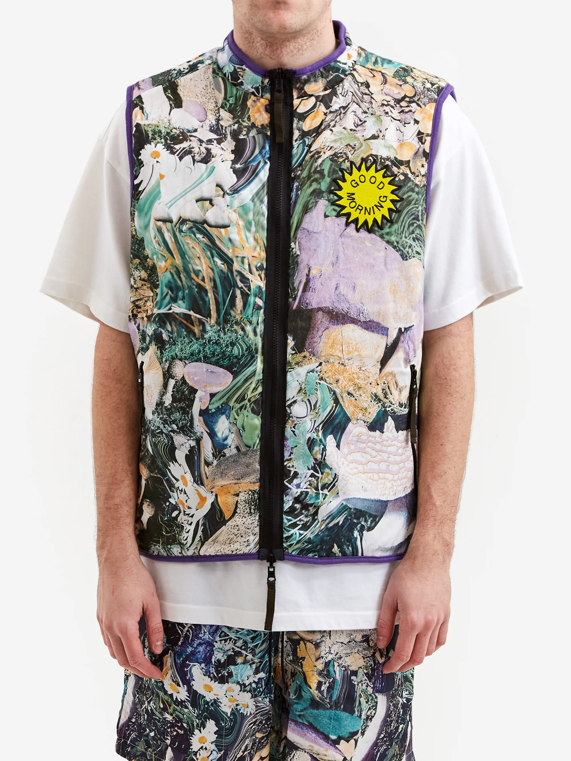 Good Morning Tapes Reversible Polar Fleece Zip Thru Vest - Moss/Shrooms - Image 4