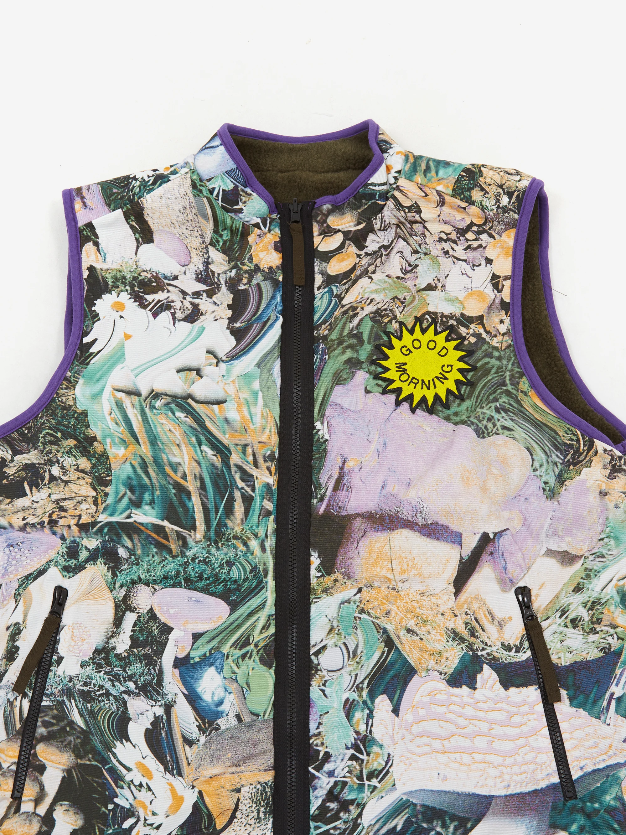 Good Morning Tapes Reversible Polar Fleece Zip Thru Vest - Moss/Shrooms - Image 6