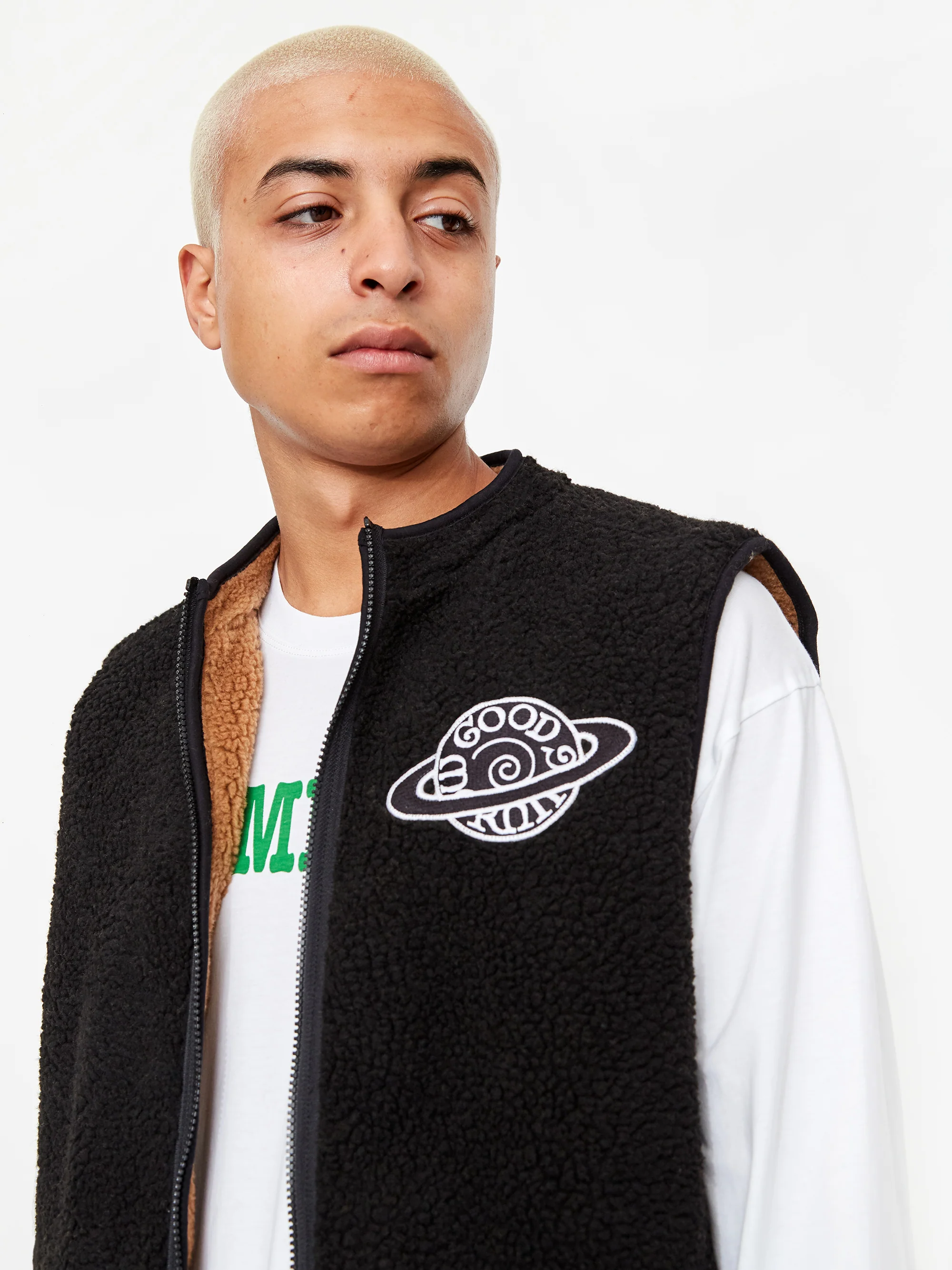 Good Morning Tapes Reversible Zip Through Vest - Black/Natural - Image 13