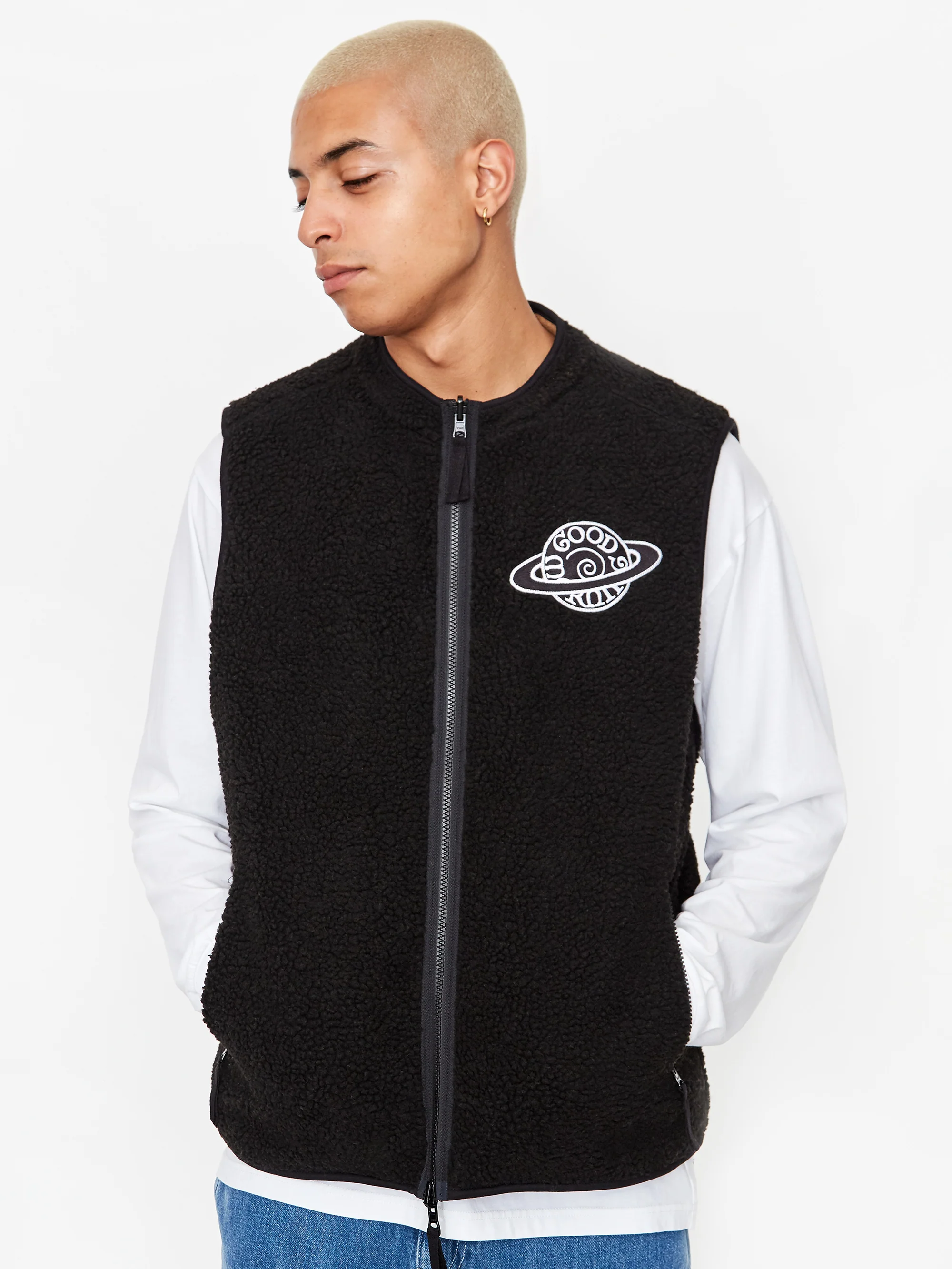 Good Morning Tapes Reversible Zip Through Vest - Black/Natural - Image 14
