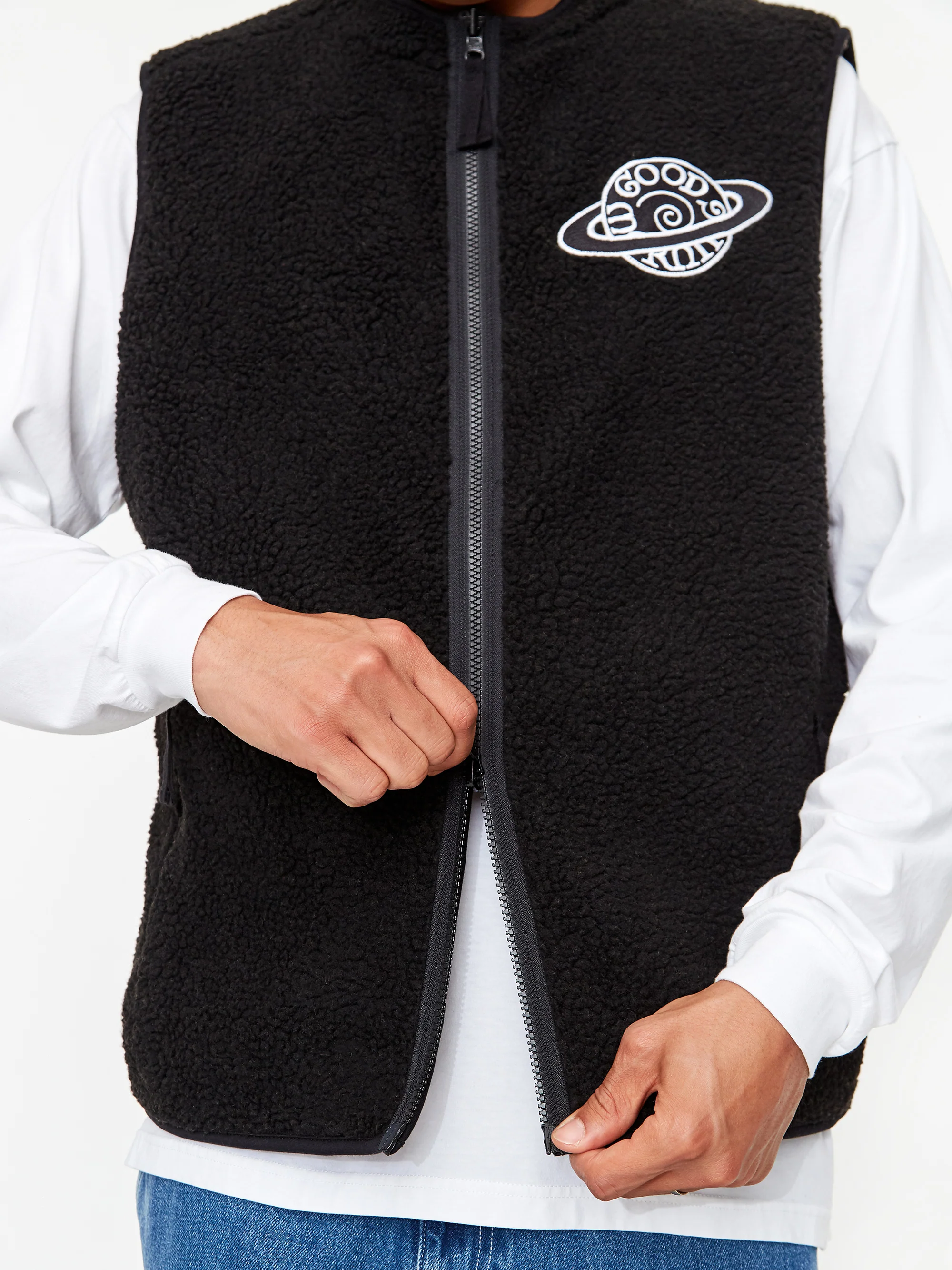 Good Morning Tapes Reversible Zip Through Vest - Black/Natural - Image 15