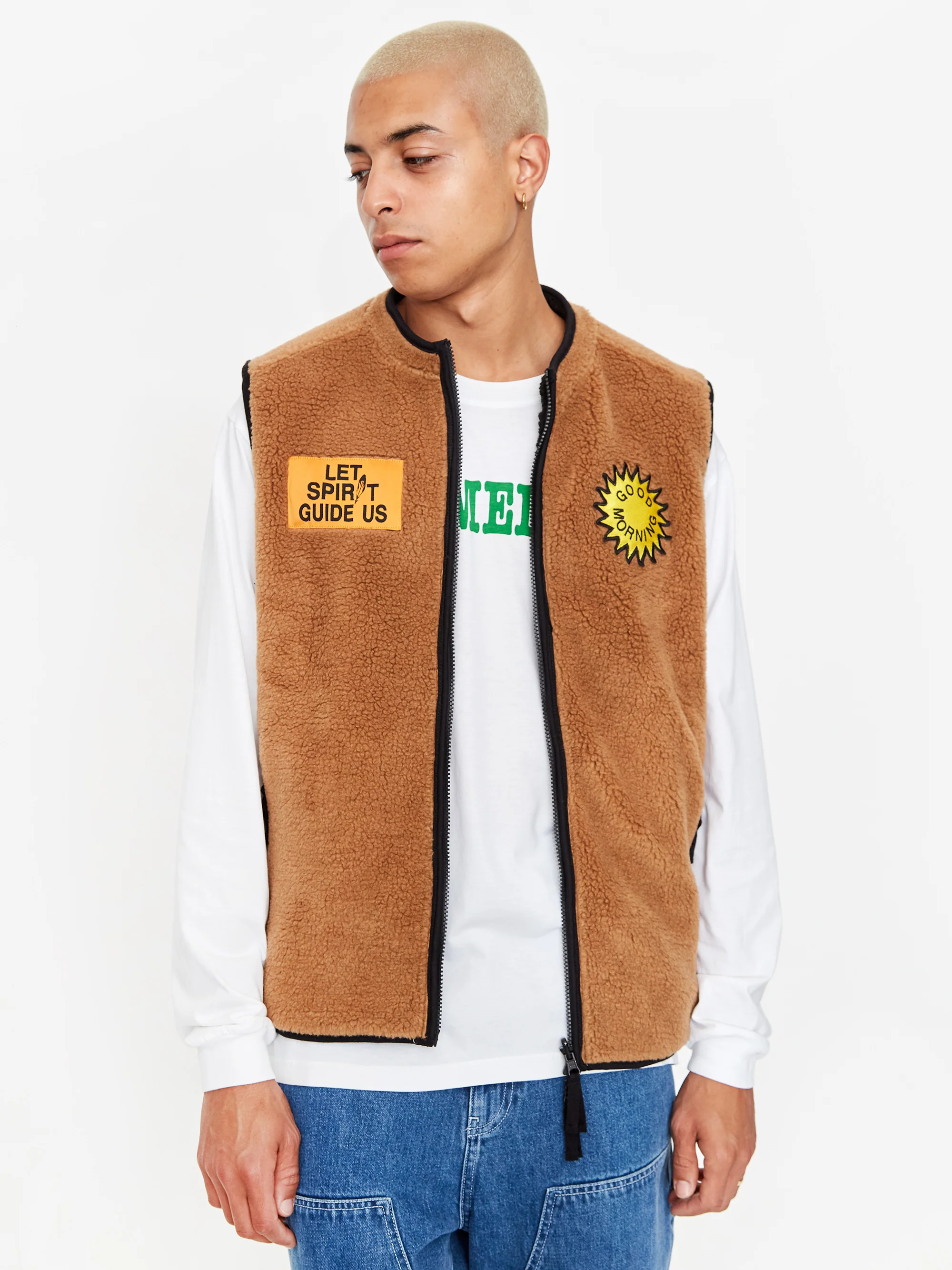 Good Morning Tapes Reversible Zip Through Vest - Black/Natural - Image 9