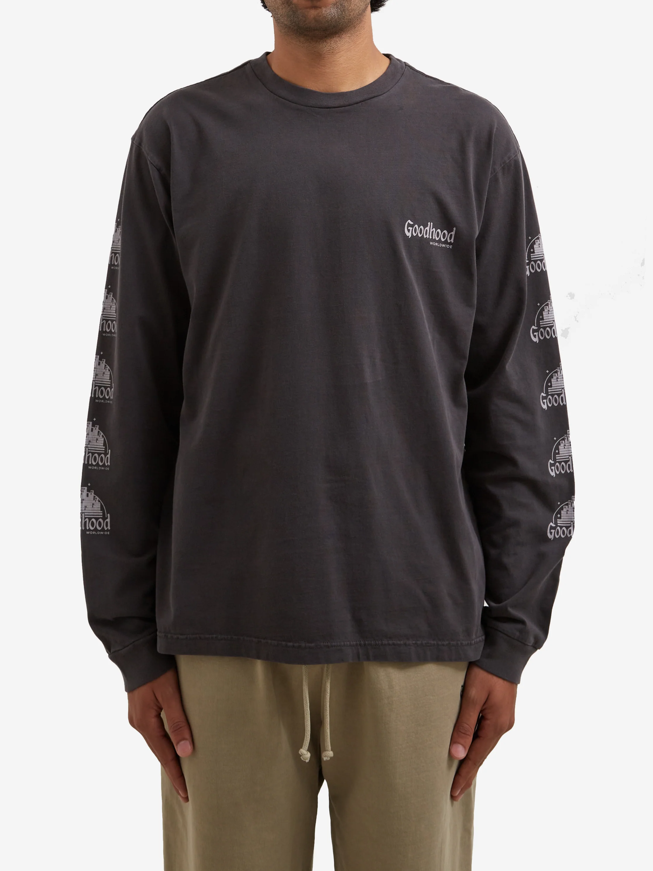 Goodhood Worldwide Long Sleeve Utopia T-Shirt - Faded Black - Image 2