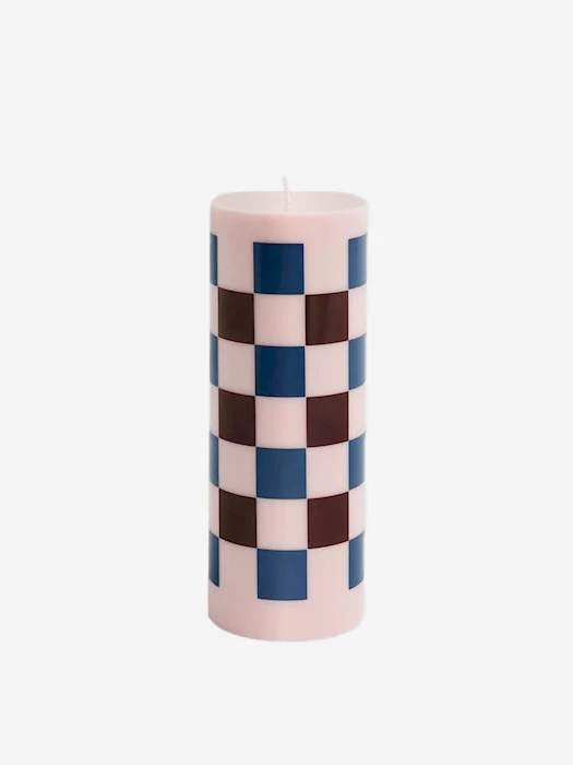 HAY Column Candle Large - Light Pink, Bordeaux And Dark Blue Check