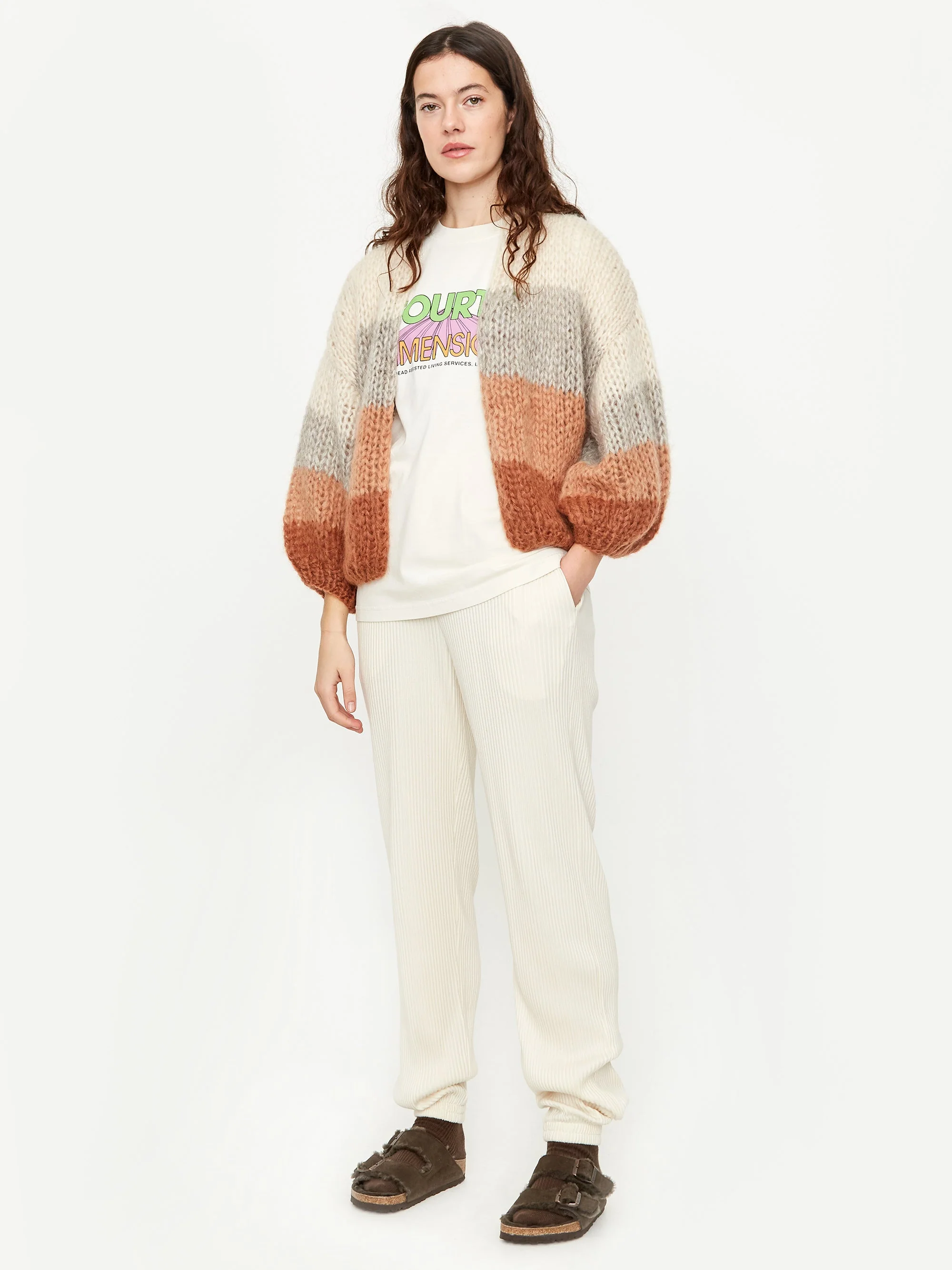 Maiami Mohair Big Bomber Colour Block Cardigan - Beige/Fawn - Image 3