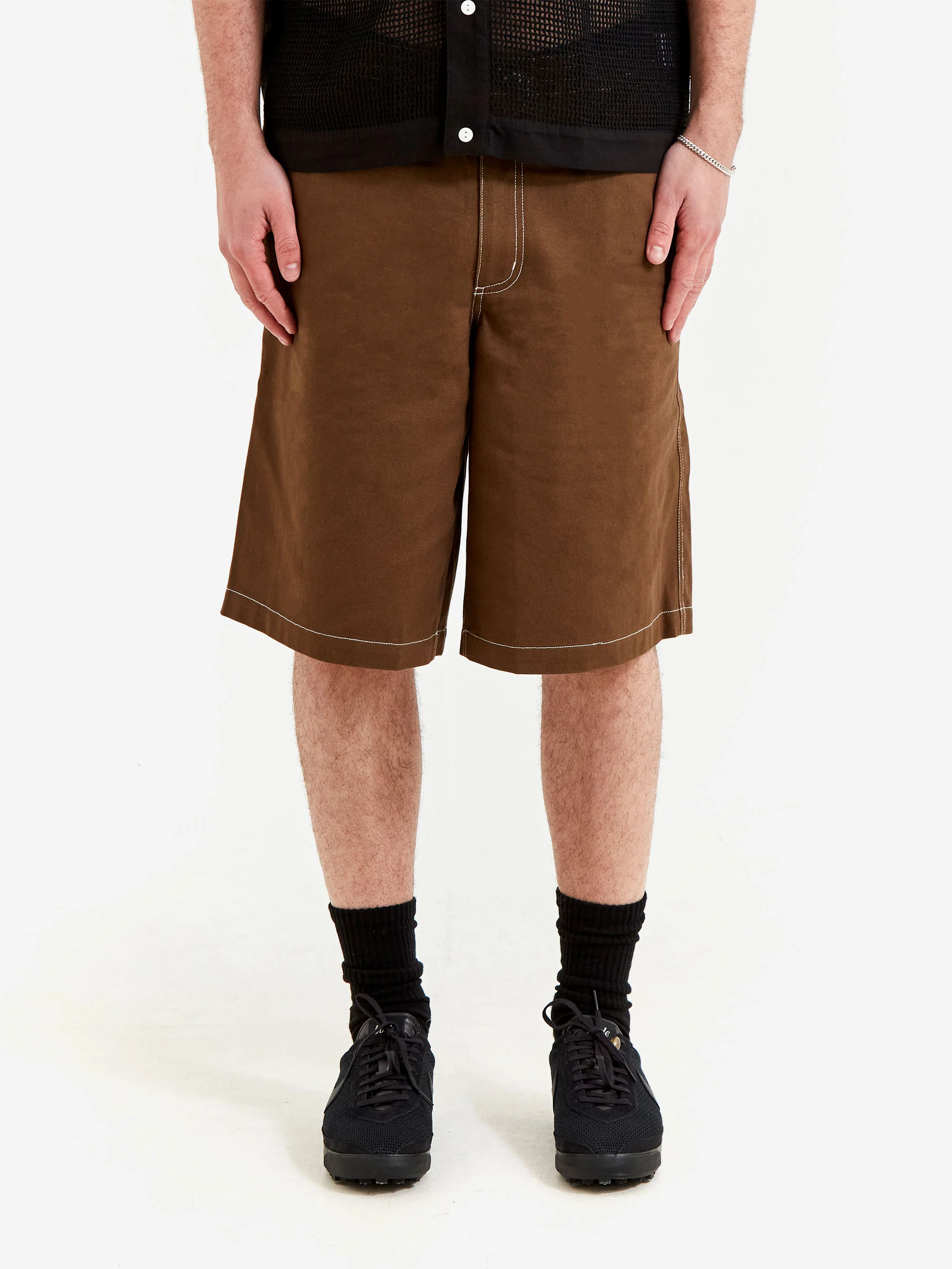 Metalwood Contrast Stitch Elastic Waist Short - Dark Chocolate - Image 2