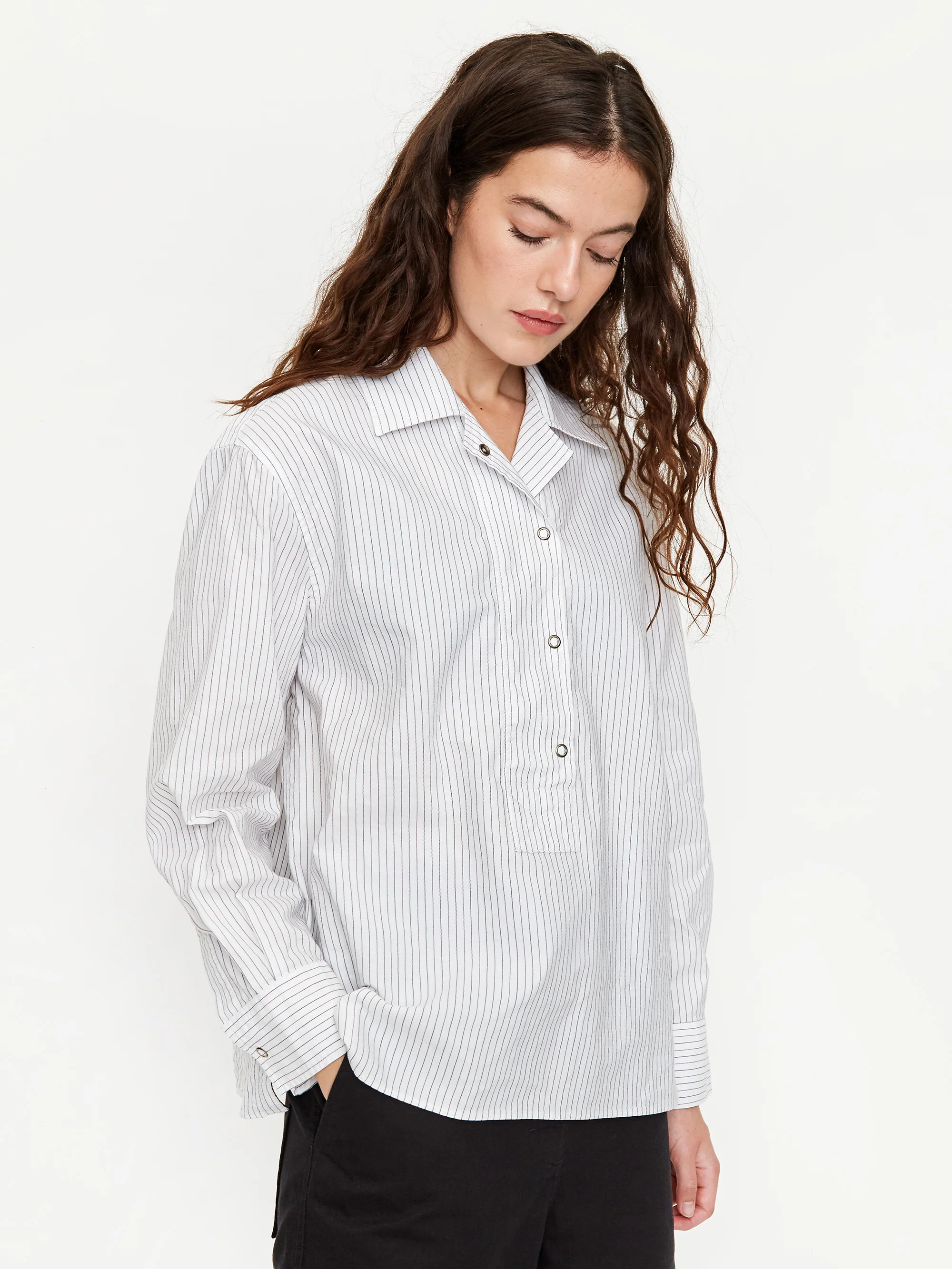 MHL. By Margaret Howell Wide Placket Longsleeve Shirt - White/Black Rust