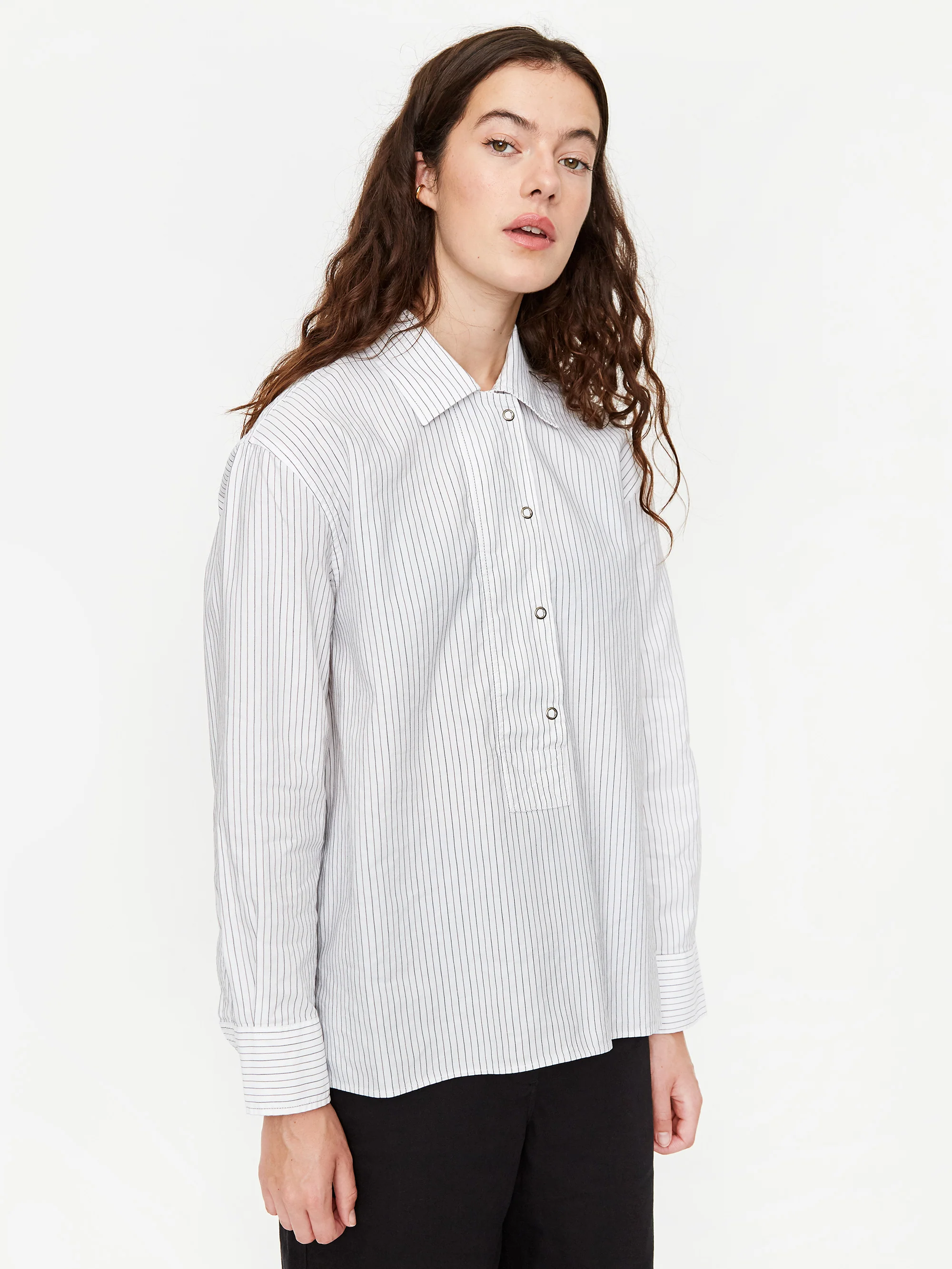 MHL. By Margaret Howell Wide Placket Longsleeve Shirt - White/Black Rust - Image 4