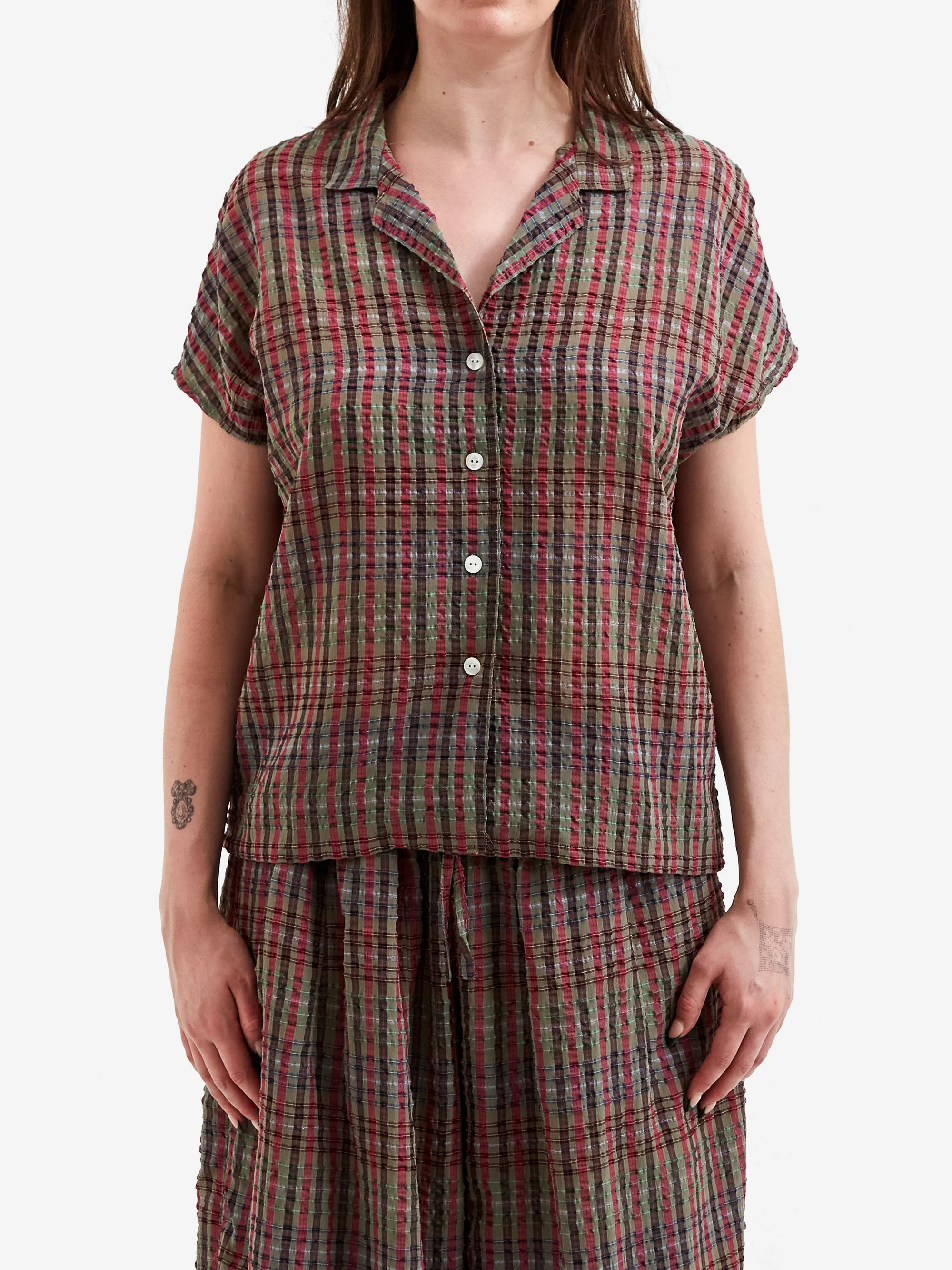 Needles French Sleeve Blouse - PE/R Chiffon Sucker Plaid - Green