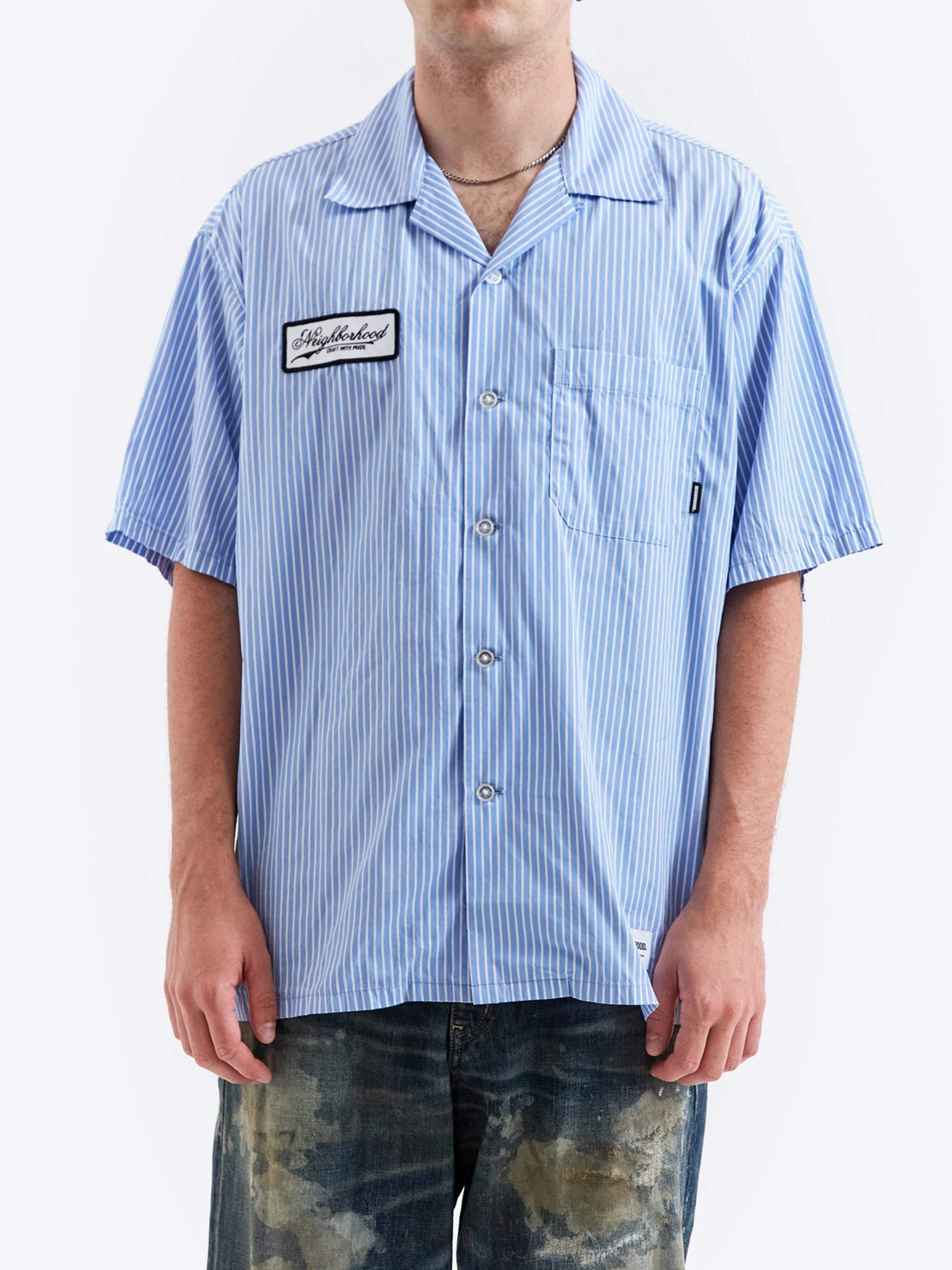 Neighborhood Short Sleeve Stripe Work Shirt - Blue - Image 2