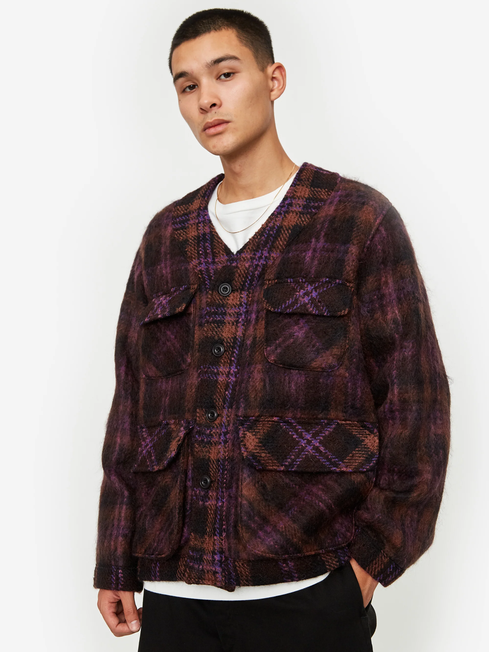Nicholas Daley 4 Pocket Cardigan - Burgundy Check - Image 11