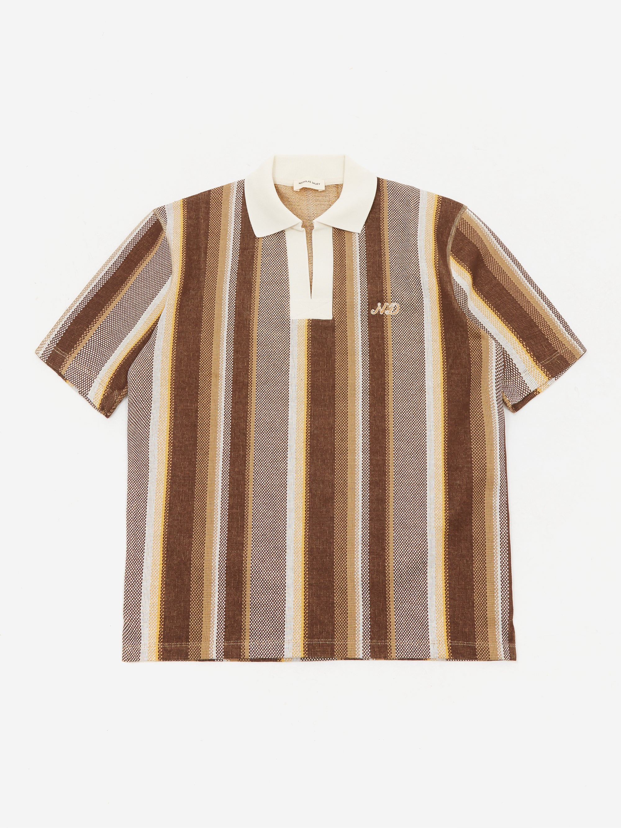 Nicholas Daley Short Sleeve Striped Polo - Brown/Ecru/Mustard