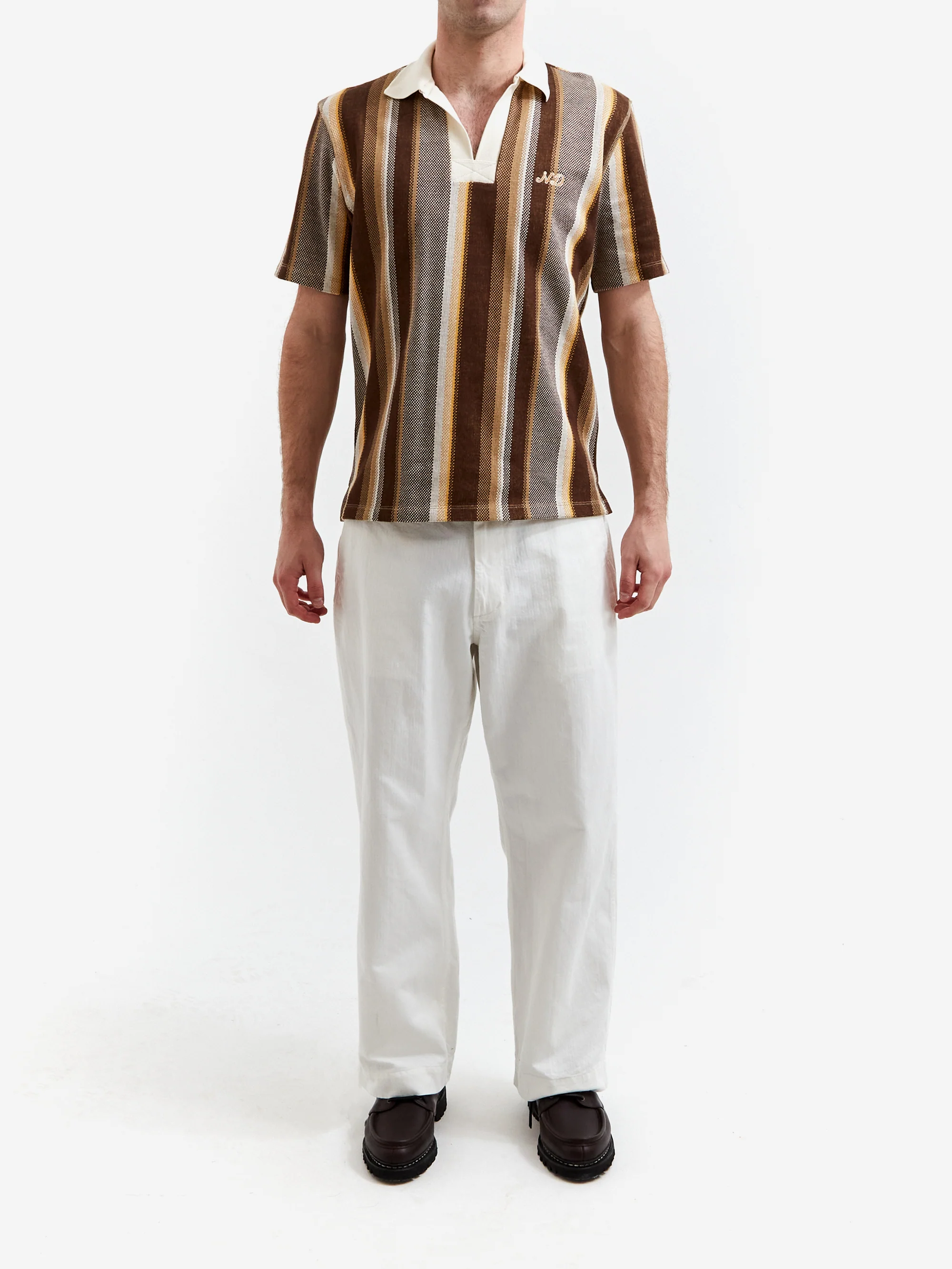 Nicholas Daley Short Sleeve Striped Polo - Brown/Ecru/Mustard - Image 7