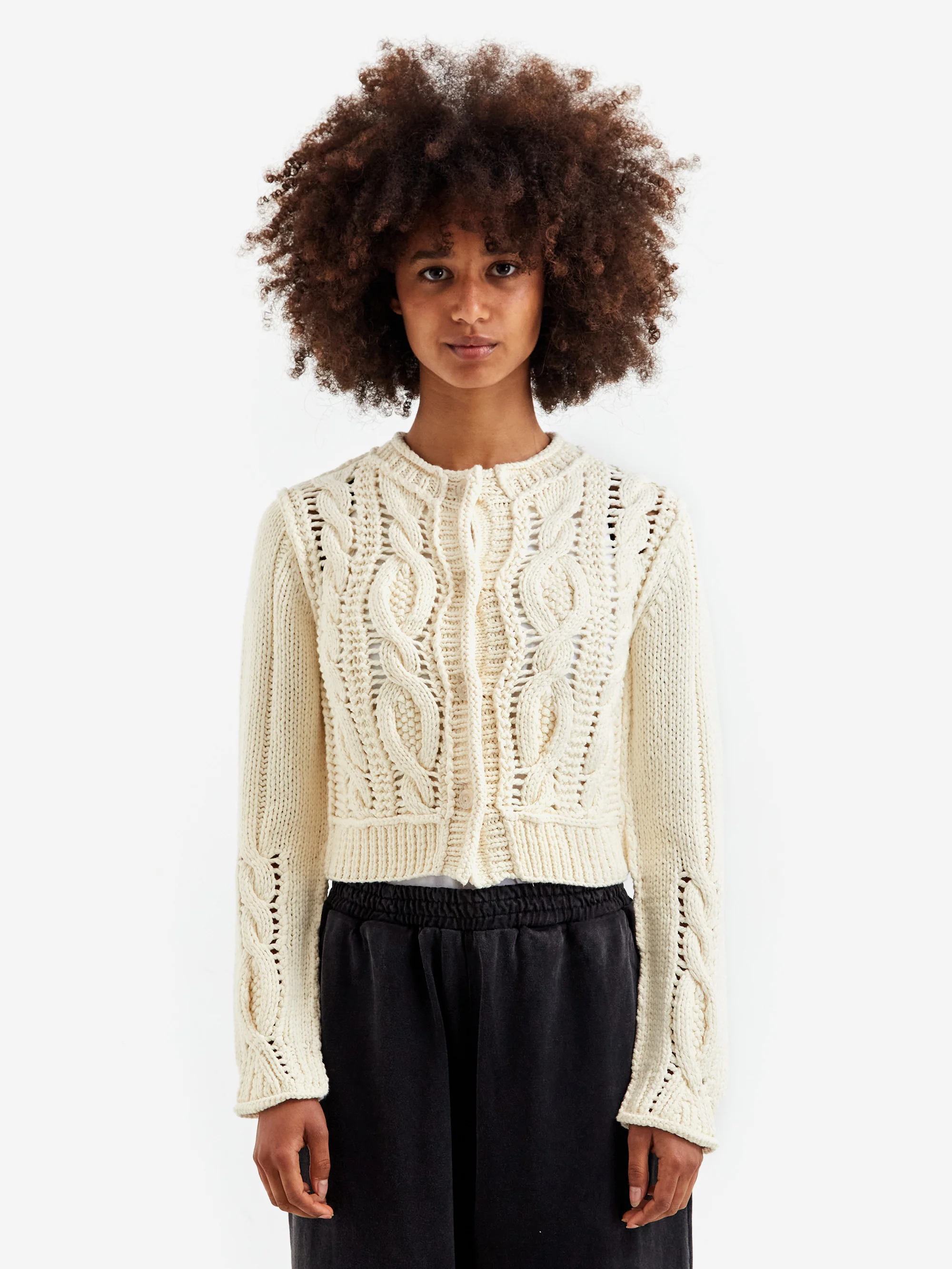 PERVERZE Hand Cable Washed Knit Cardigan - White