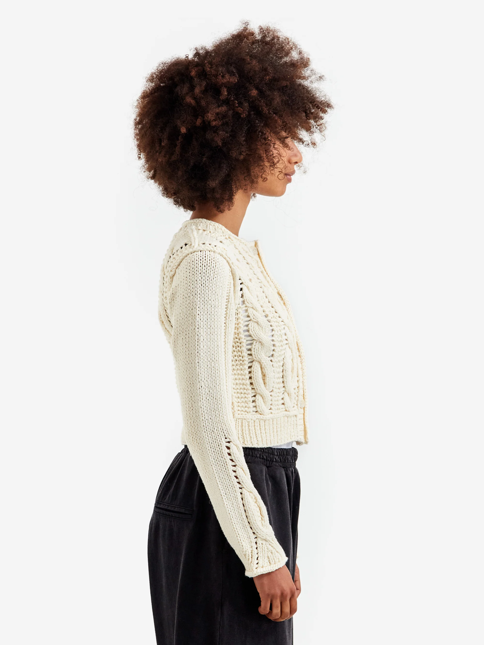 PERVERZE Hand Cable Washed Knit Cardigan - White - Image 2