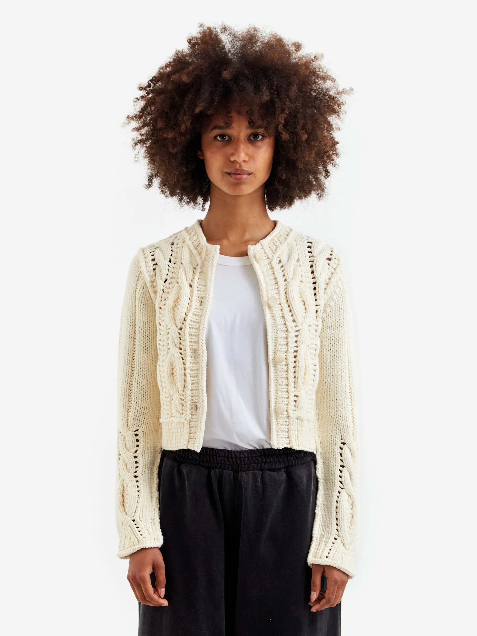 PERVERZE Hand Cable Washed Knit Cardigan - White - Image 3
