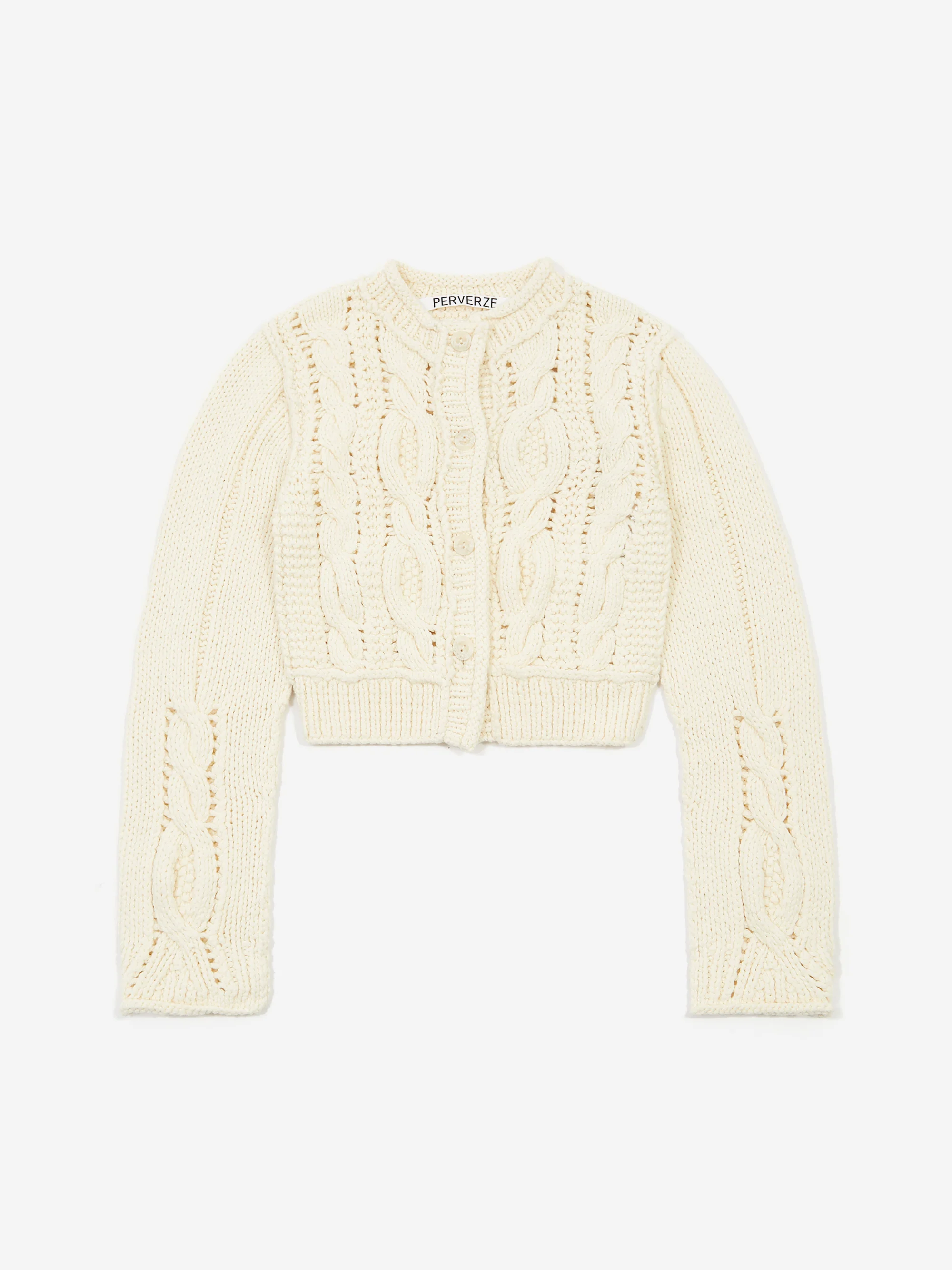 PERVERZE Hand Cable Washed Knit Cardigan - White - Image 5