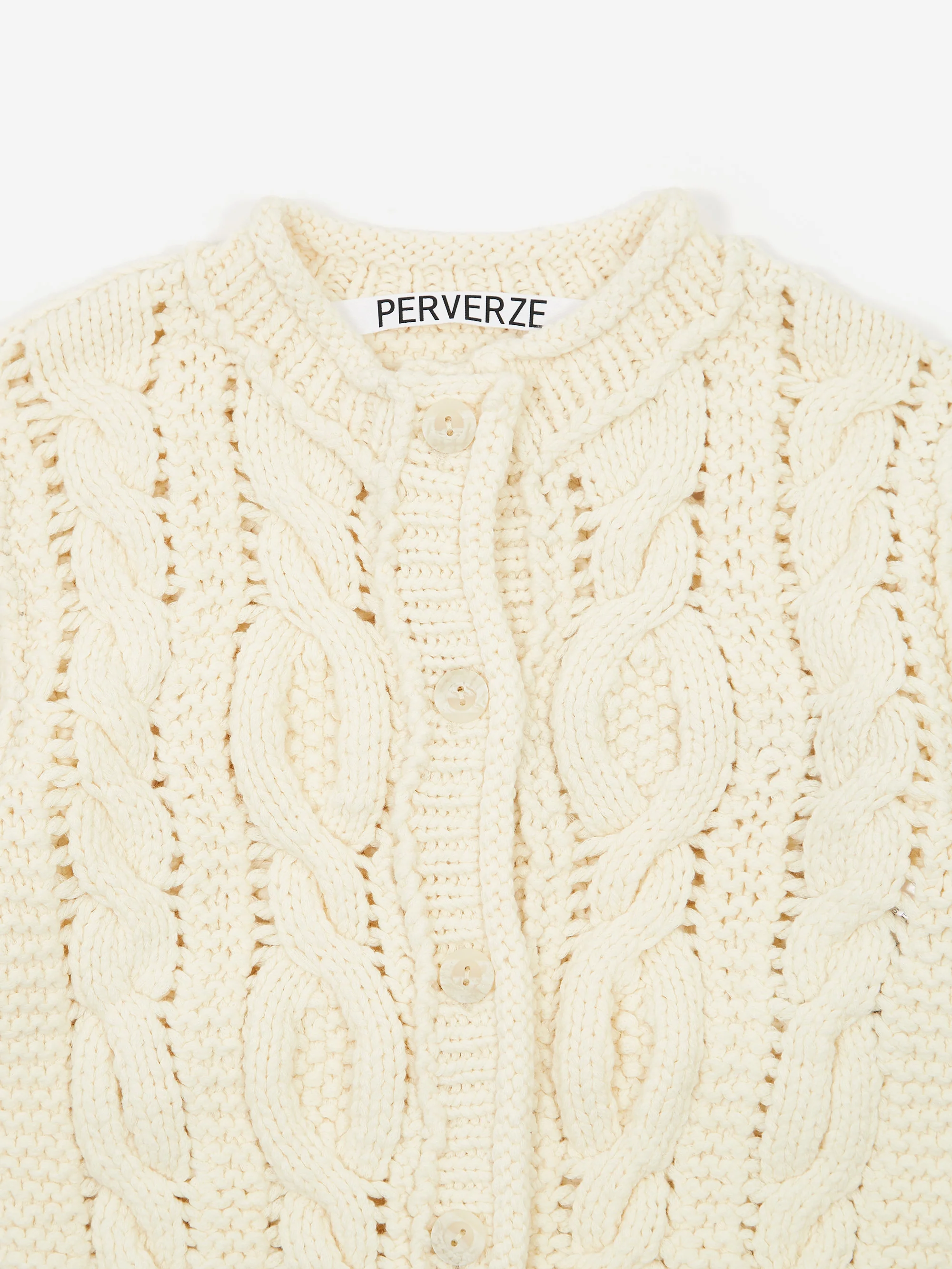 PERVERZE Hand Cable Washed Knit Cardigan - White - Image 6