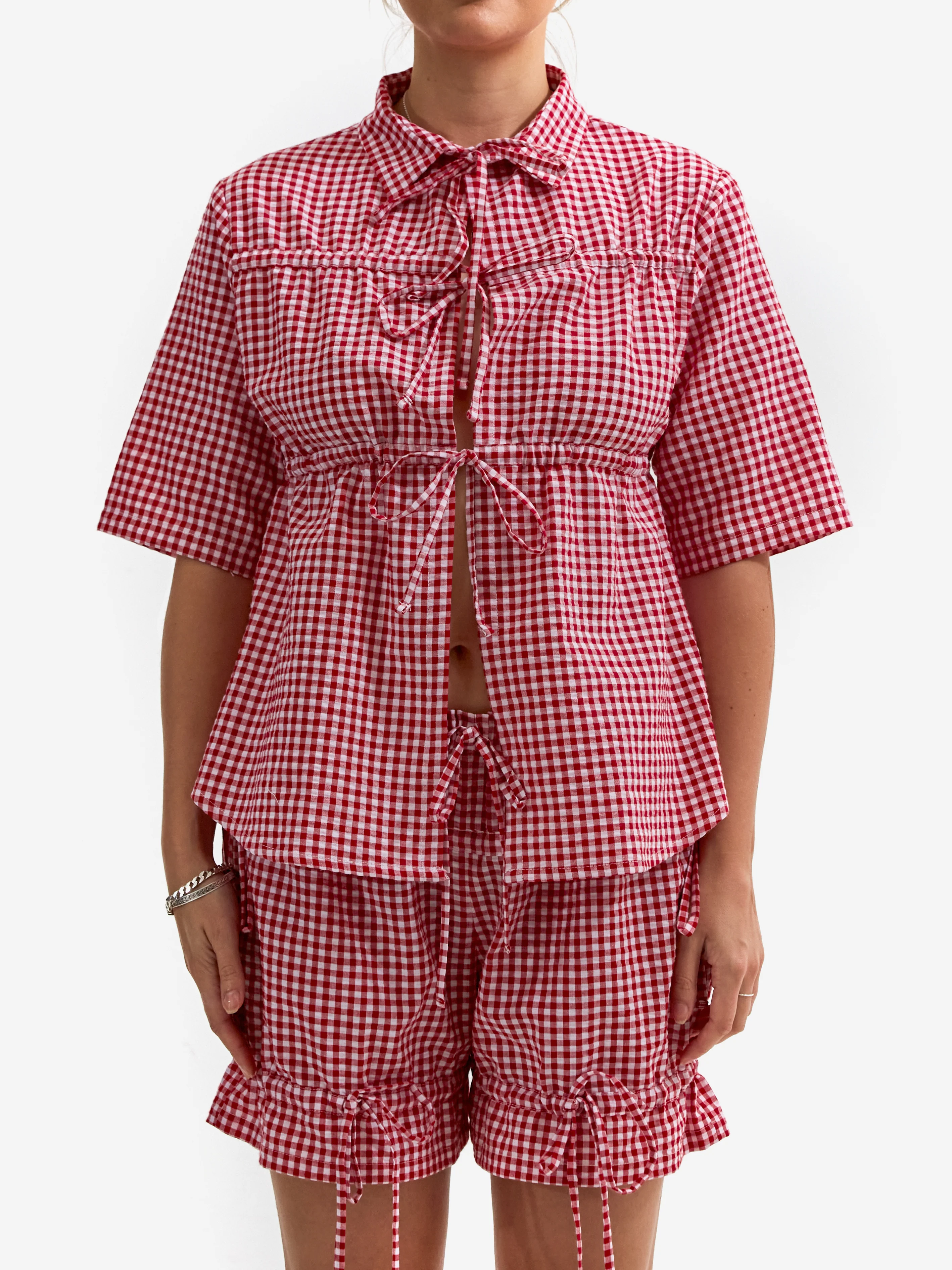 S-BA Collared Seersucker Shirt - Red Gingham