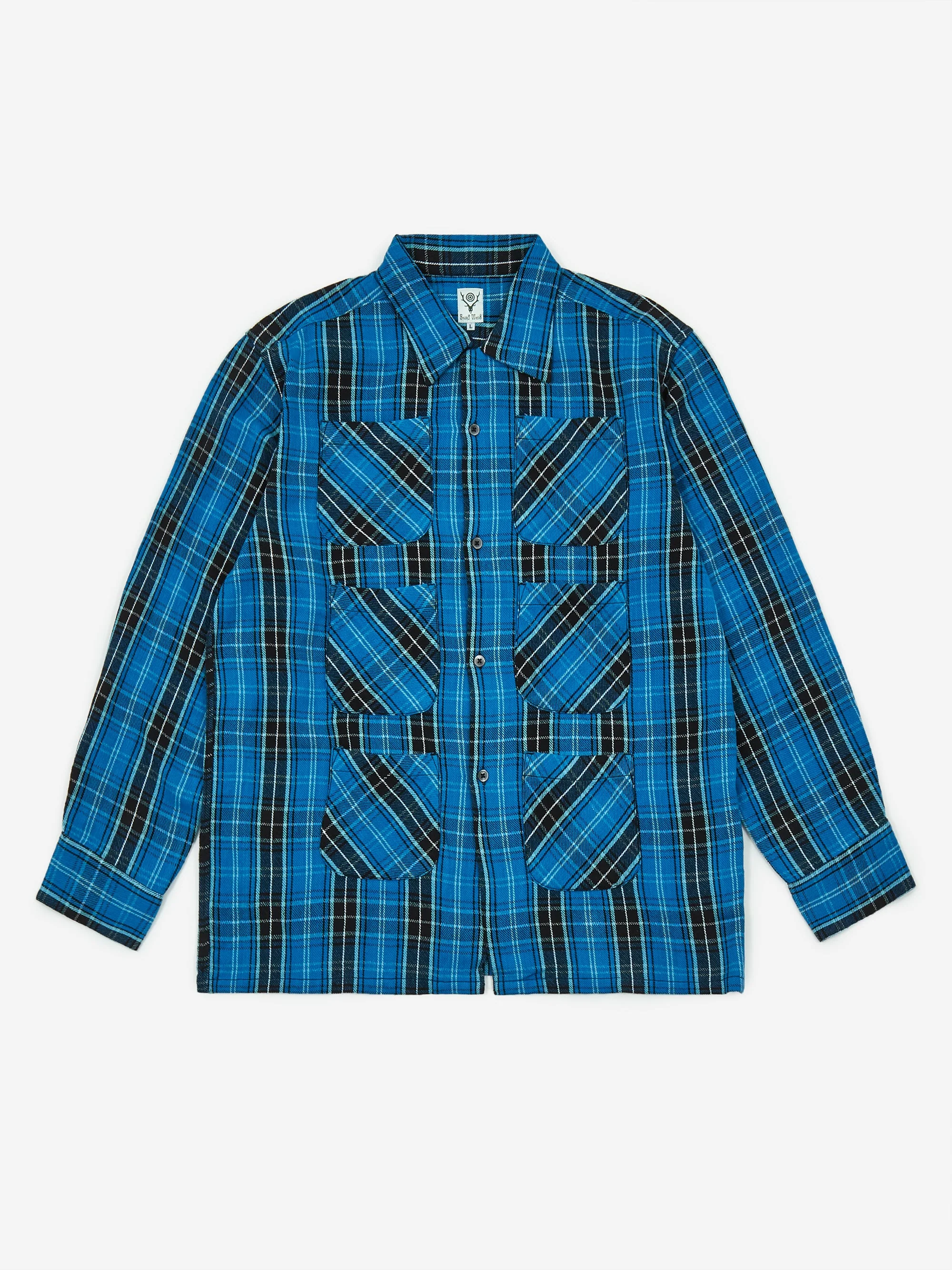 South2 West8 6Pocket Plaid Longsleeve Shirt - White/Black/Blue