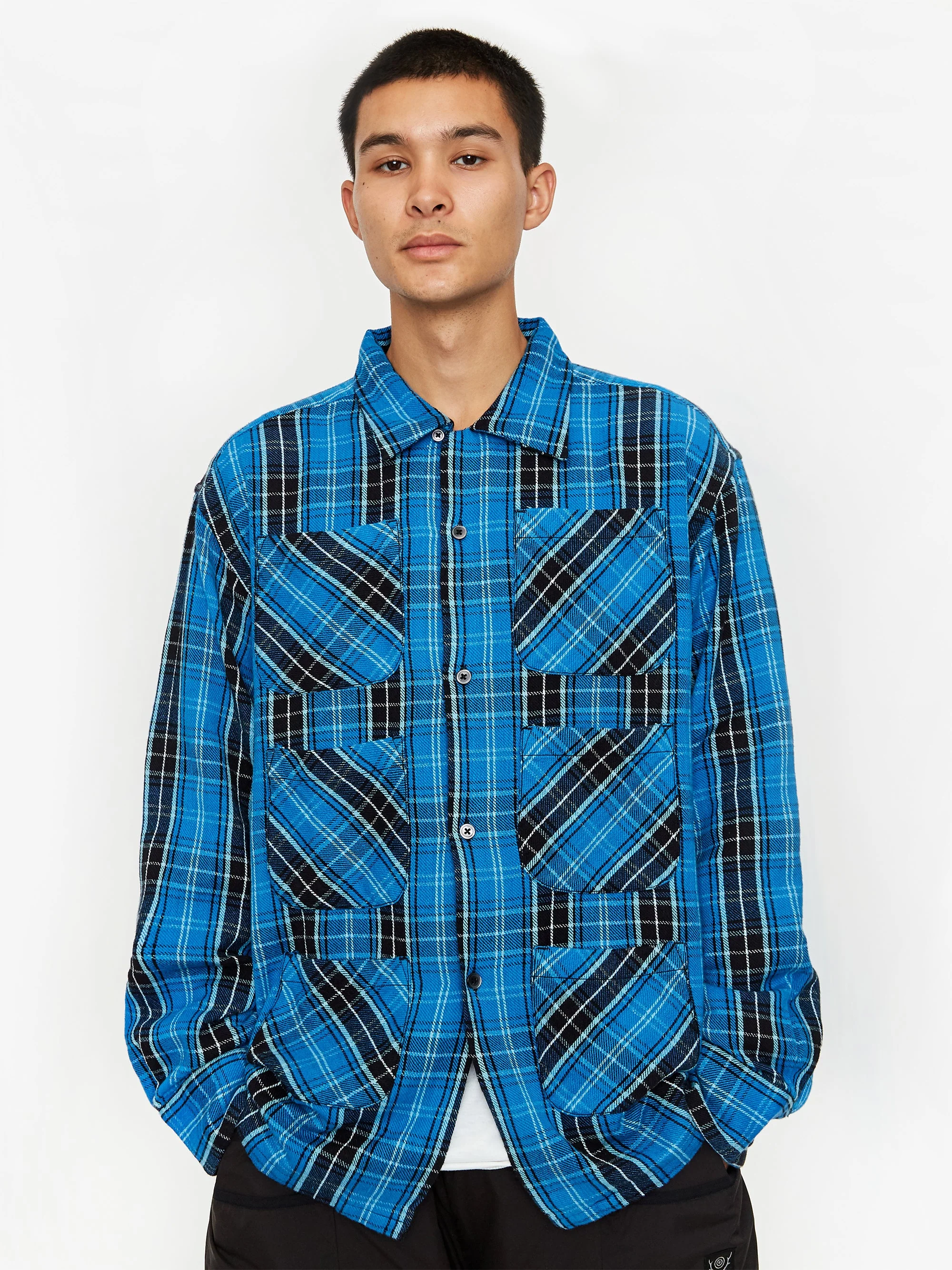 South2 West8 6Pocket Plaid Longsleeve Shirt - White/Black/Blue - Image 8