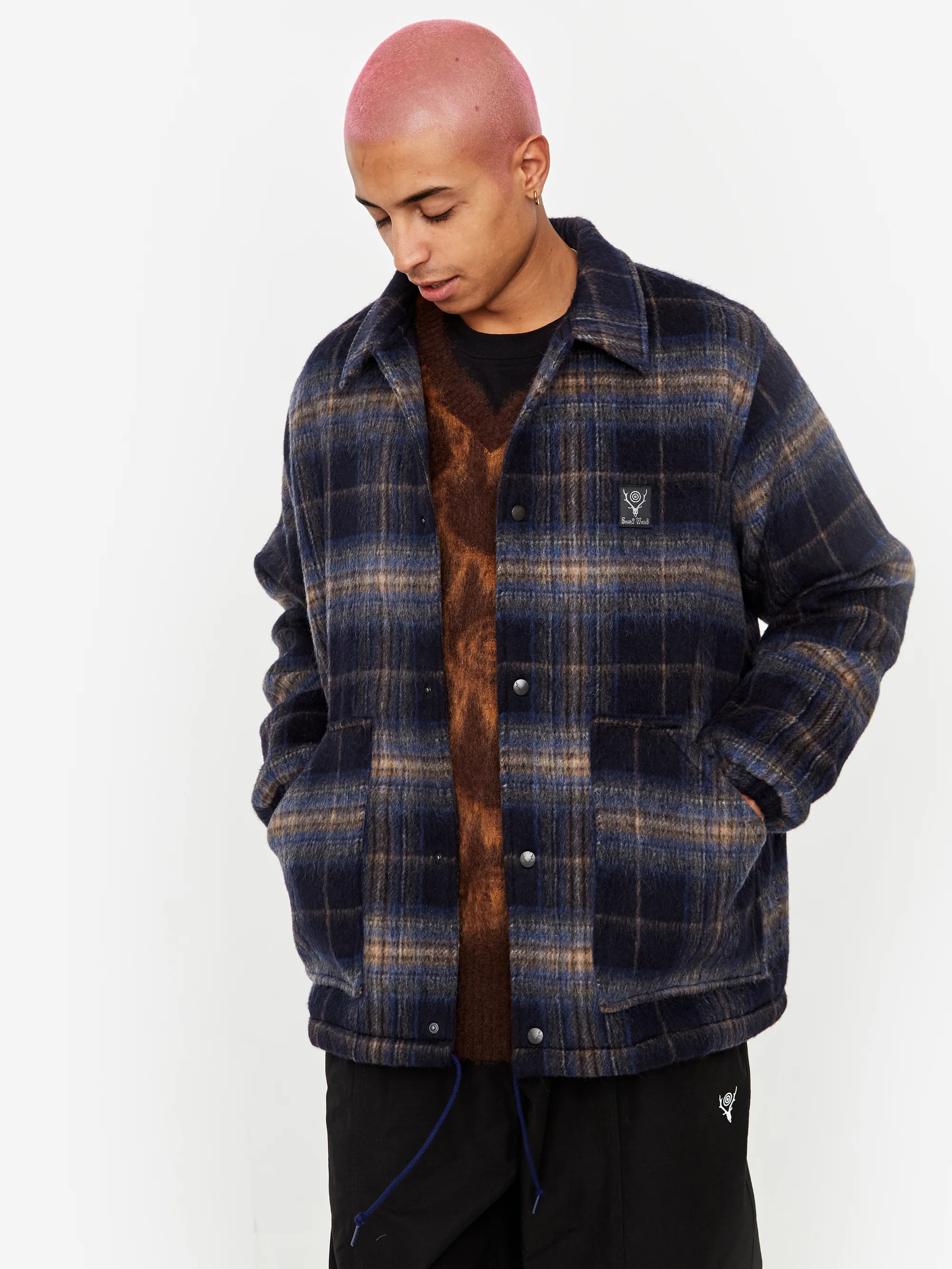 South2 West8 Shaggy Plaid Coach Jacket - Navy - Image 6