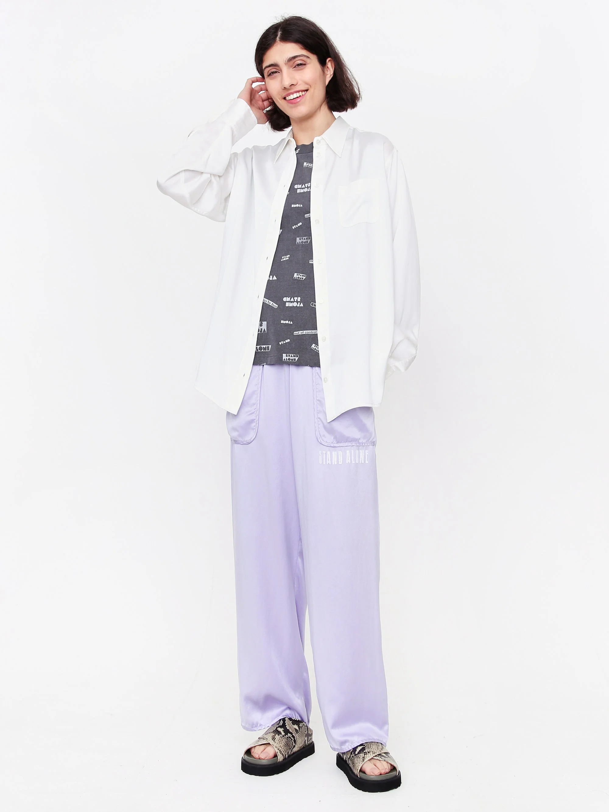 Stand Alone Back Print Silk Longsleeve Shirt - White - Image 3