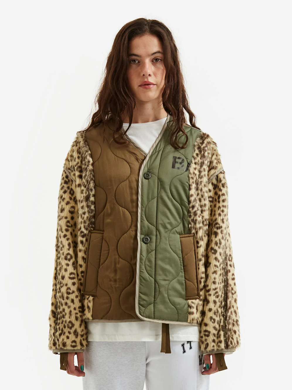 Stand Alone Leopard Military Quilted Jacket - Khaki