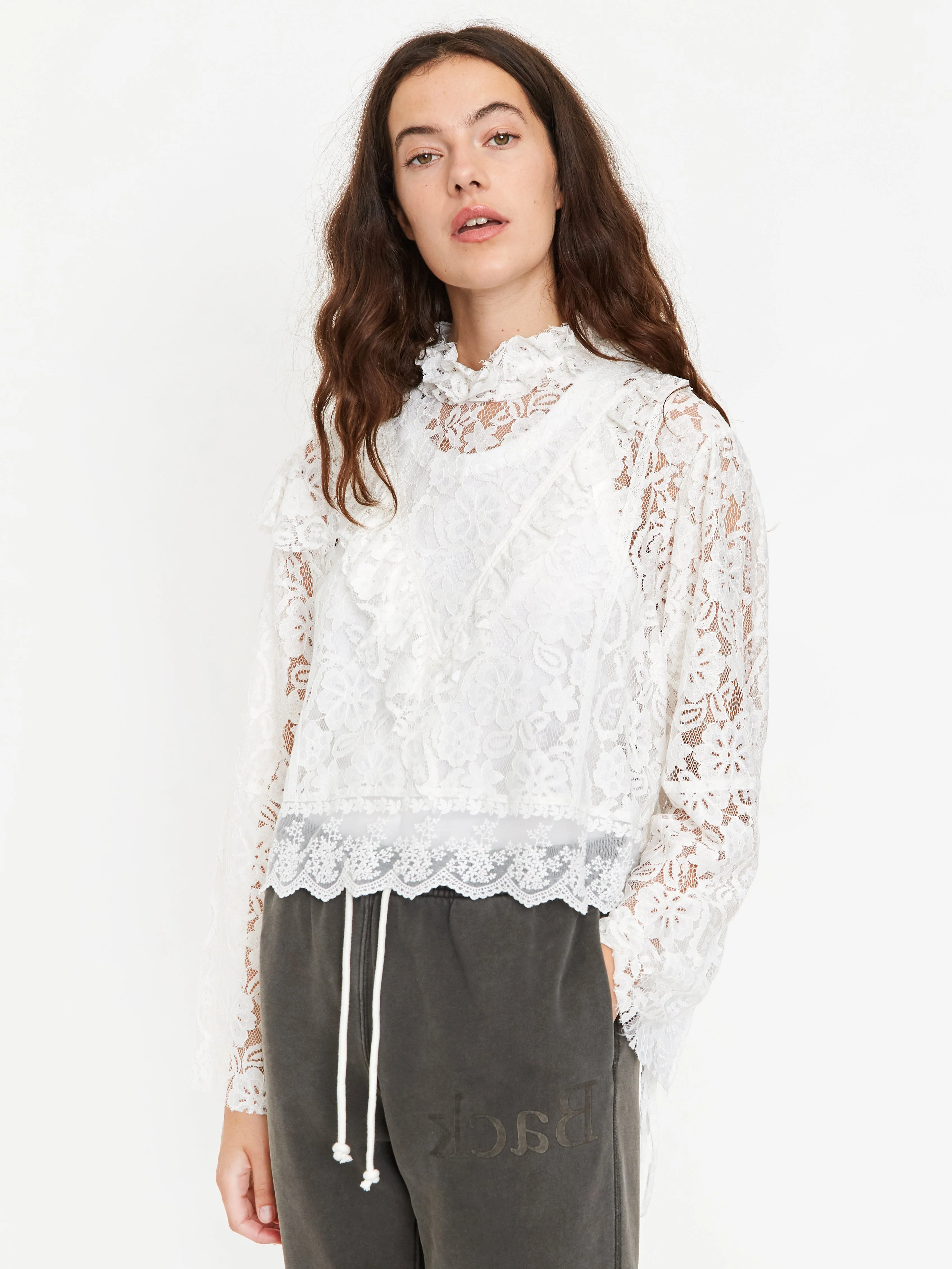 Stand Alone Mixed Lace Tie Longsleeve Blouse - White - Image 2