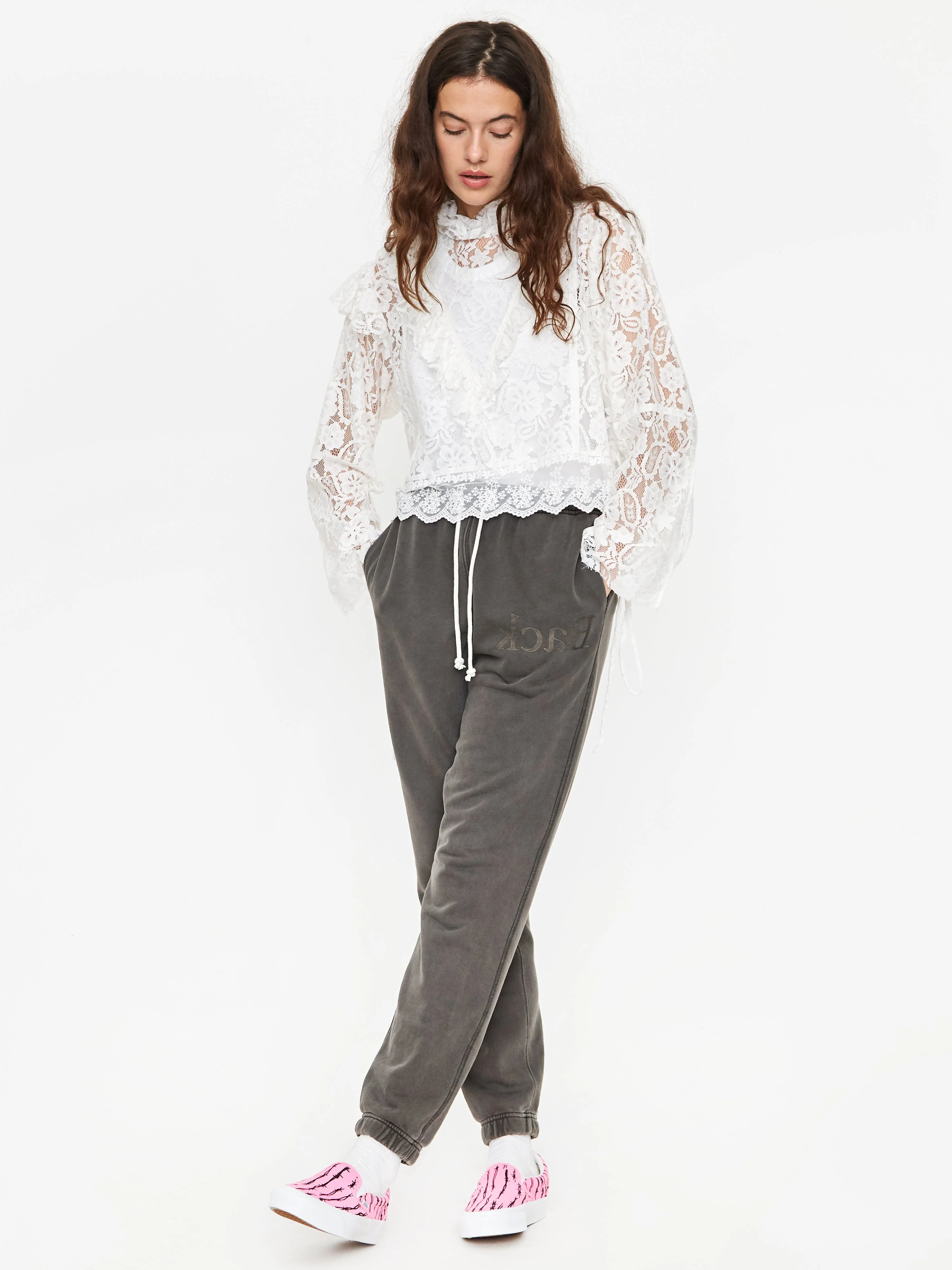 Stand Alone Mixed Lace Tie Longsleeve Blouse - White - Image 3
