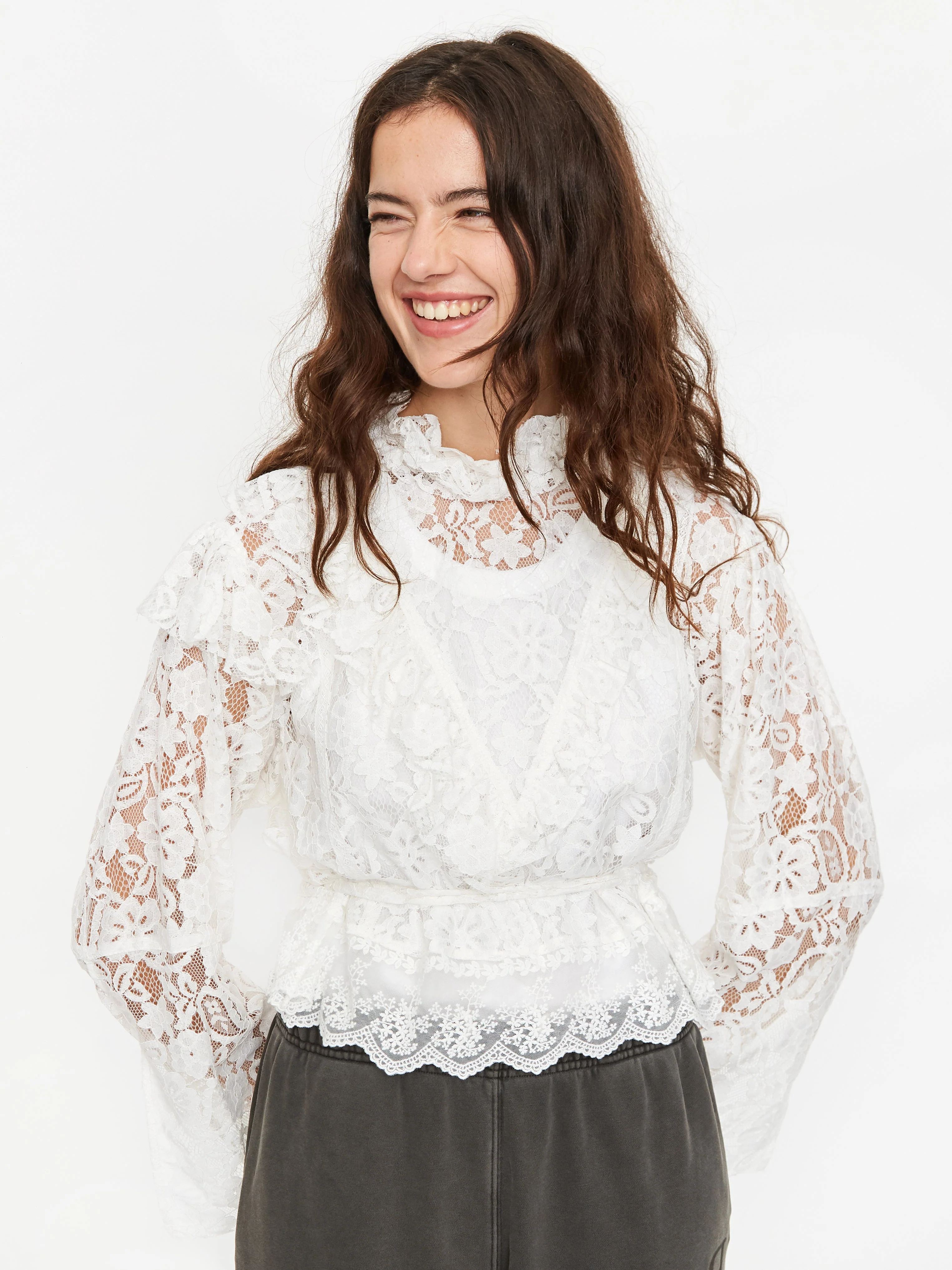 Stand Alone Mixed Lace Tie Longsleeve Blouse - White - Image 5