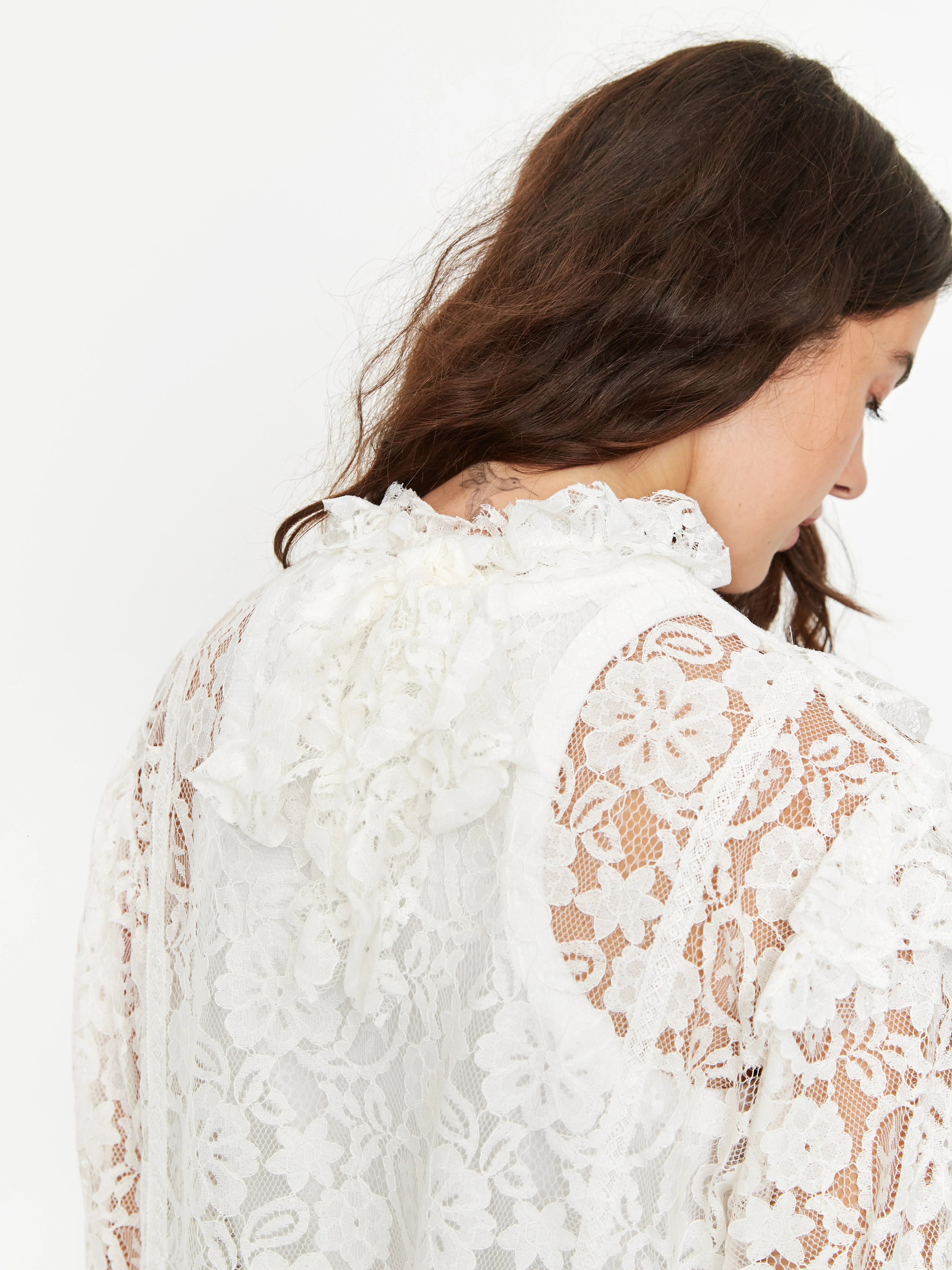 Stand Alone Mixed Lace Tie Longsleeve Blouse - White - Image 6