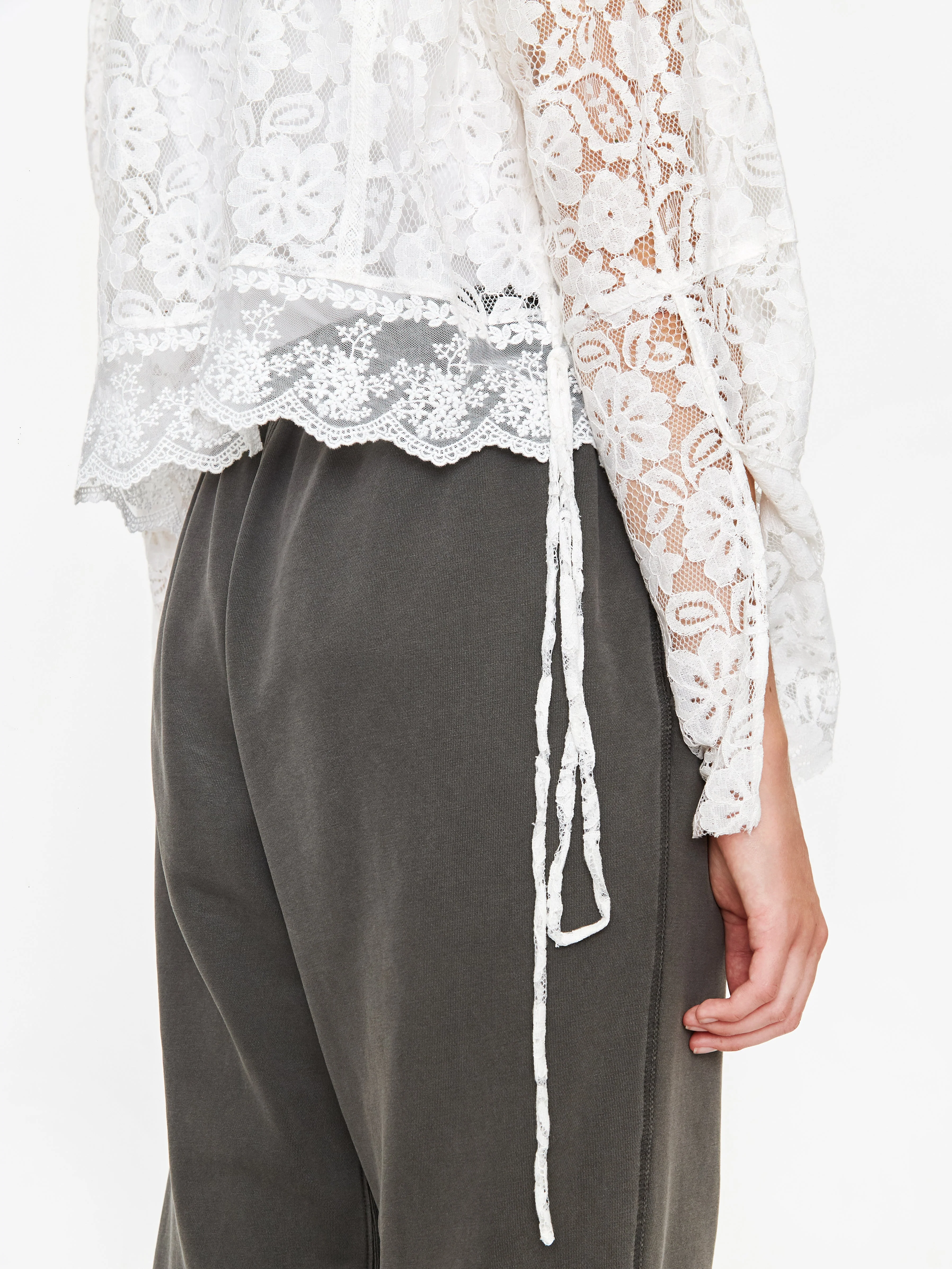 Stand Alone Mixed Lace Tie Longsleeve Blouse - White - Image 7
