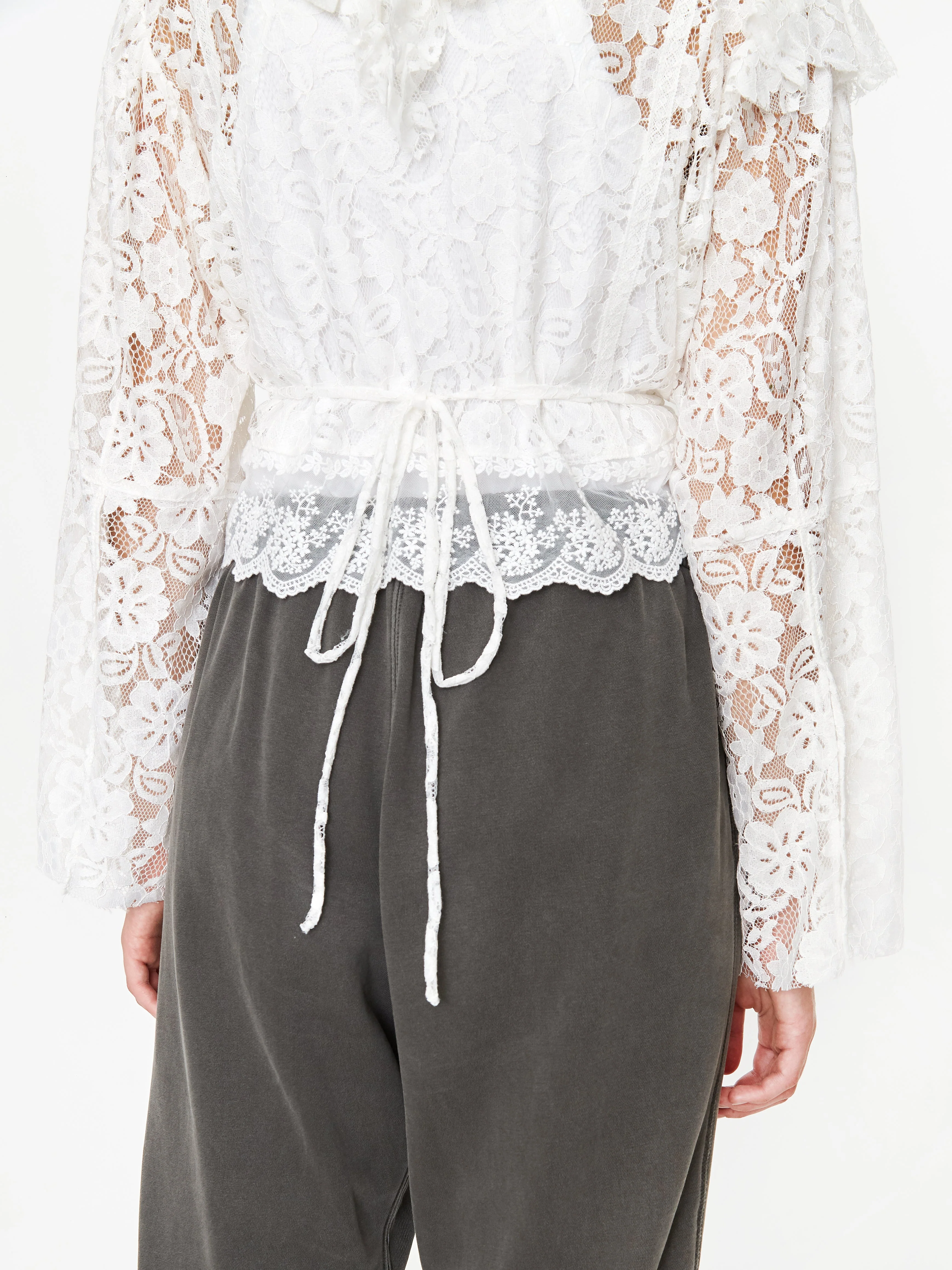 Stand Alone Mixed Lace Tie Longsleeve Blouse - White - Image 8