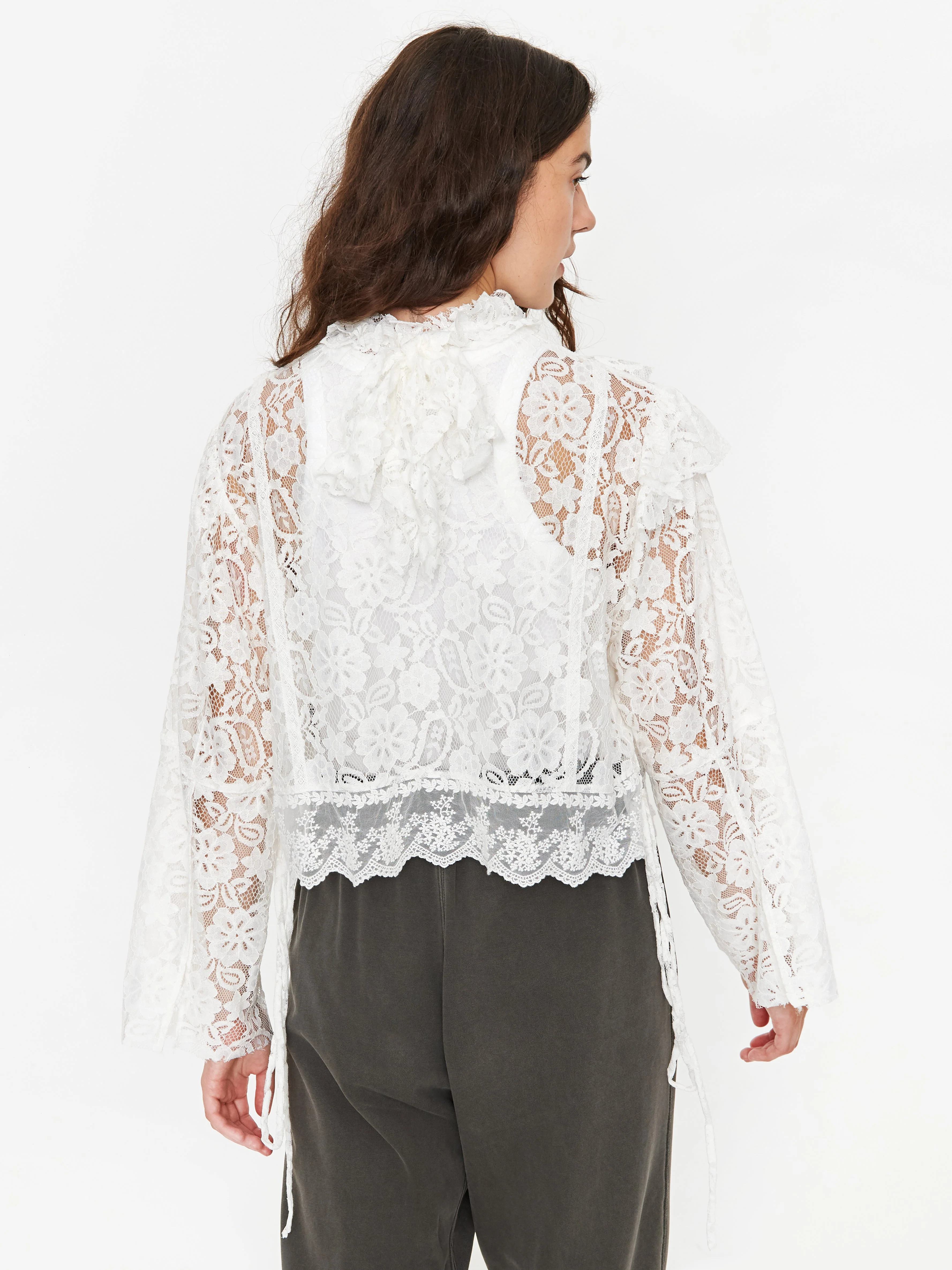 Stand Alone Mixed Lace Tie Longsleeve Blouse - White - Image 9