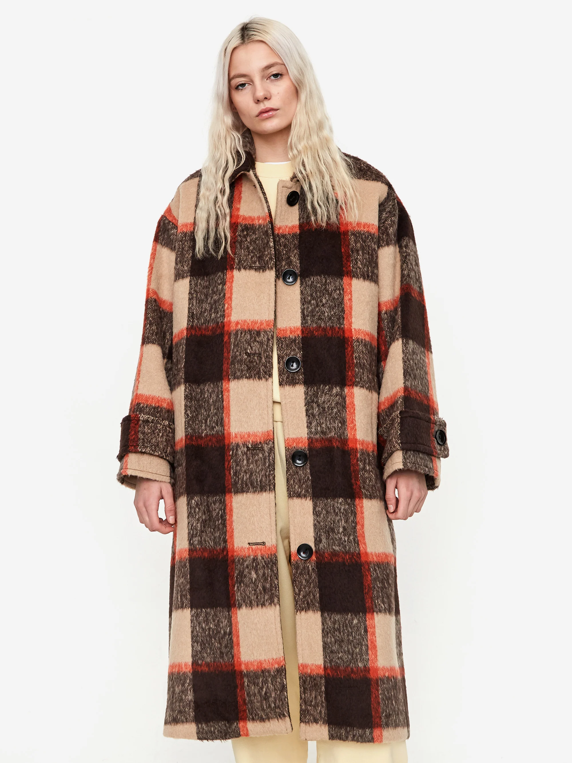 Stand Studio Alexia Long Faux Fur Coat - Black/Red/White Check - Image 2