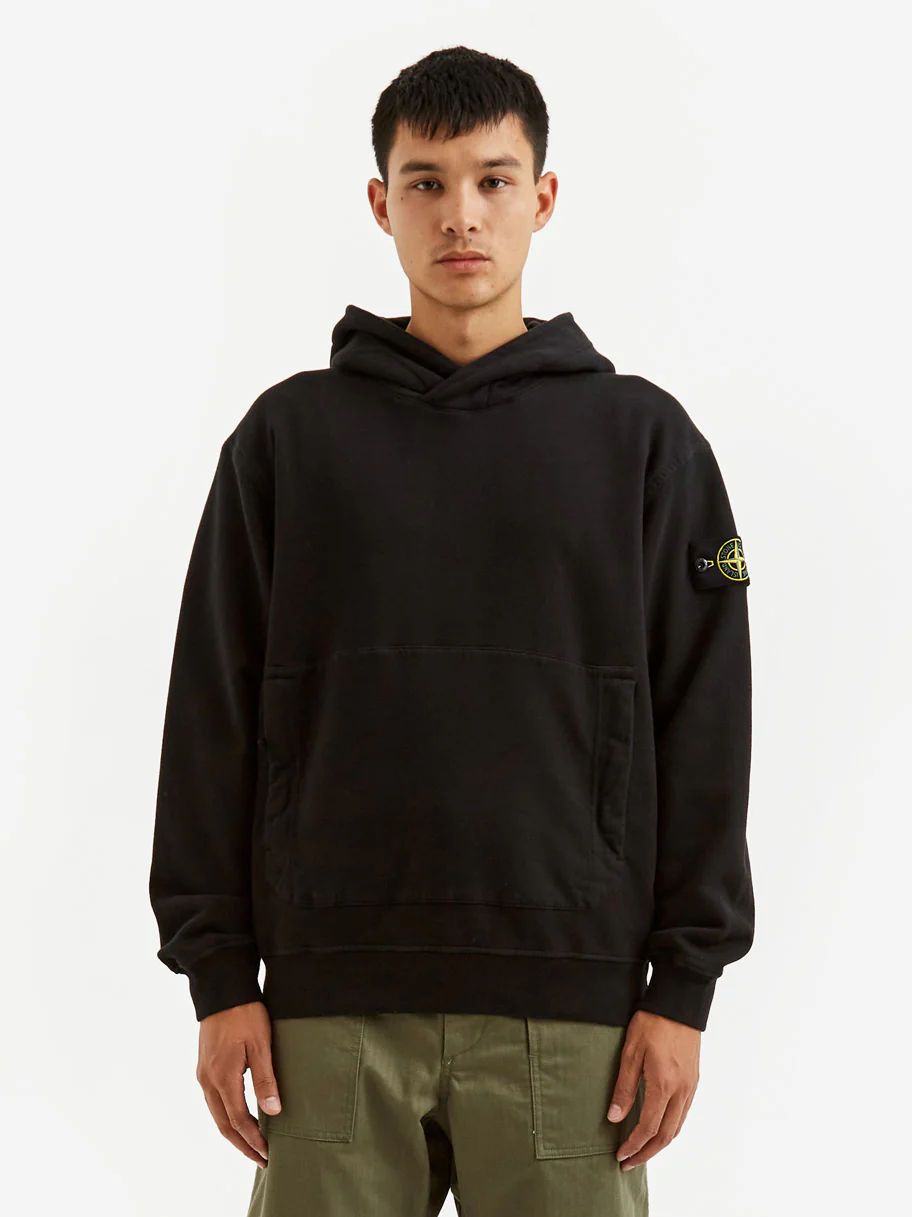 Stone Island Brushed Cotton Fleece Garment Dyed Hooded Sweatshirt - Black - Image 2
