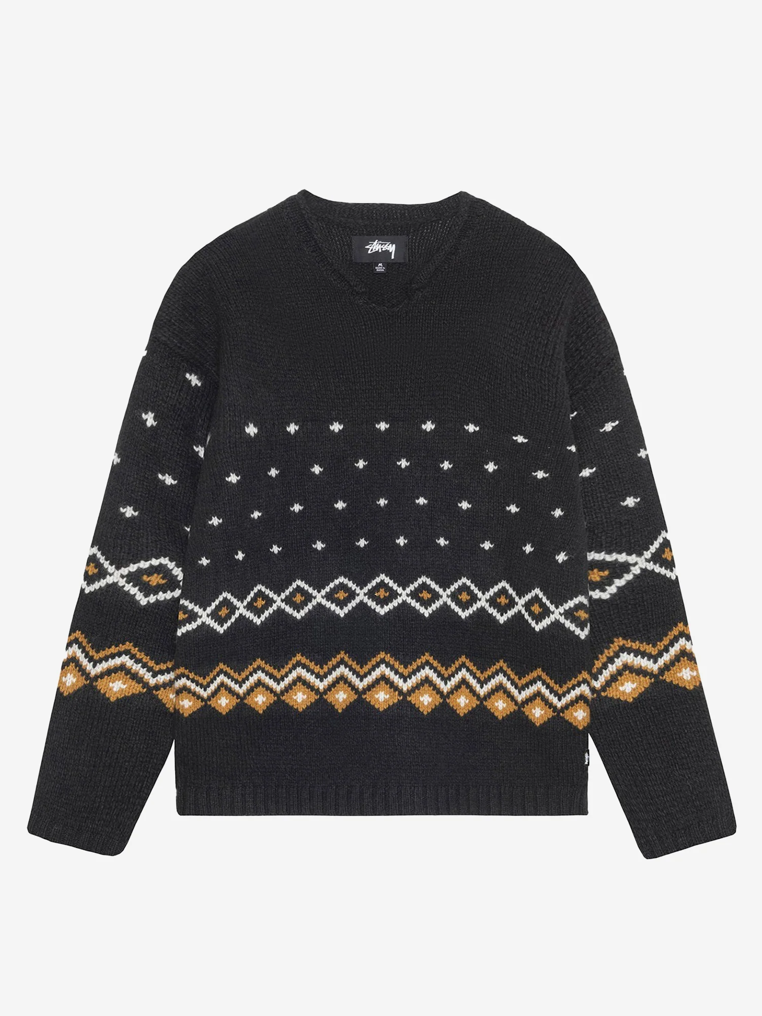 Stussy Roll V Neck Fairisle Sweater - Charcoal