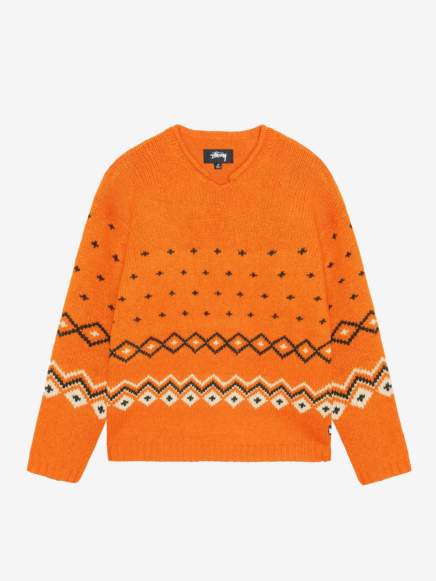 Stussy Roll V Neck Fairisle Sweater - Orange