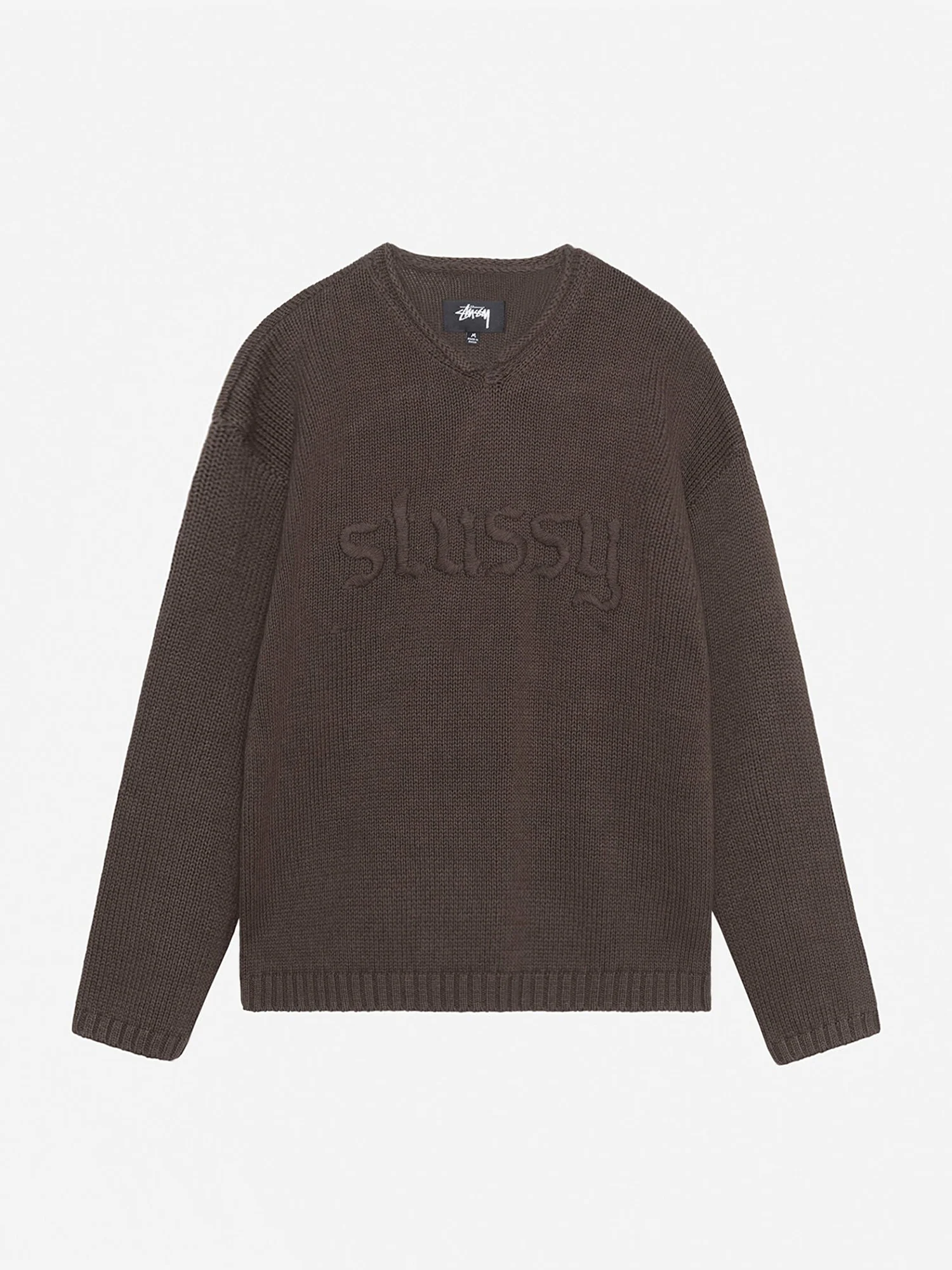 Stussy Roll V-Neck Logo Sweater - Brown
