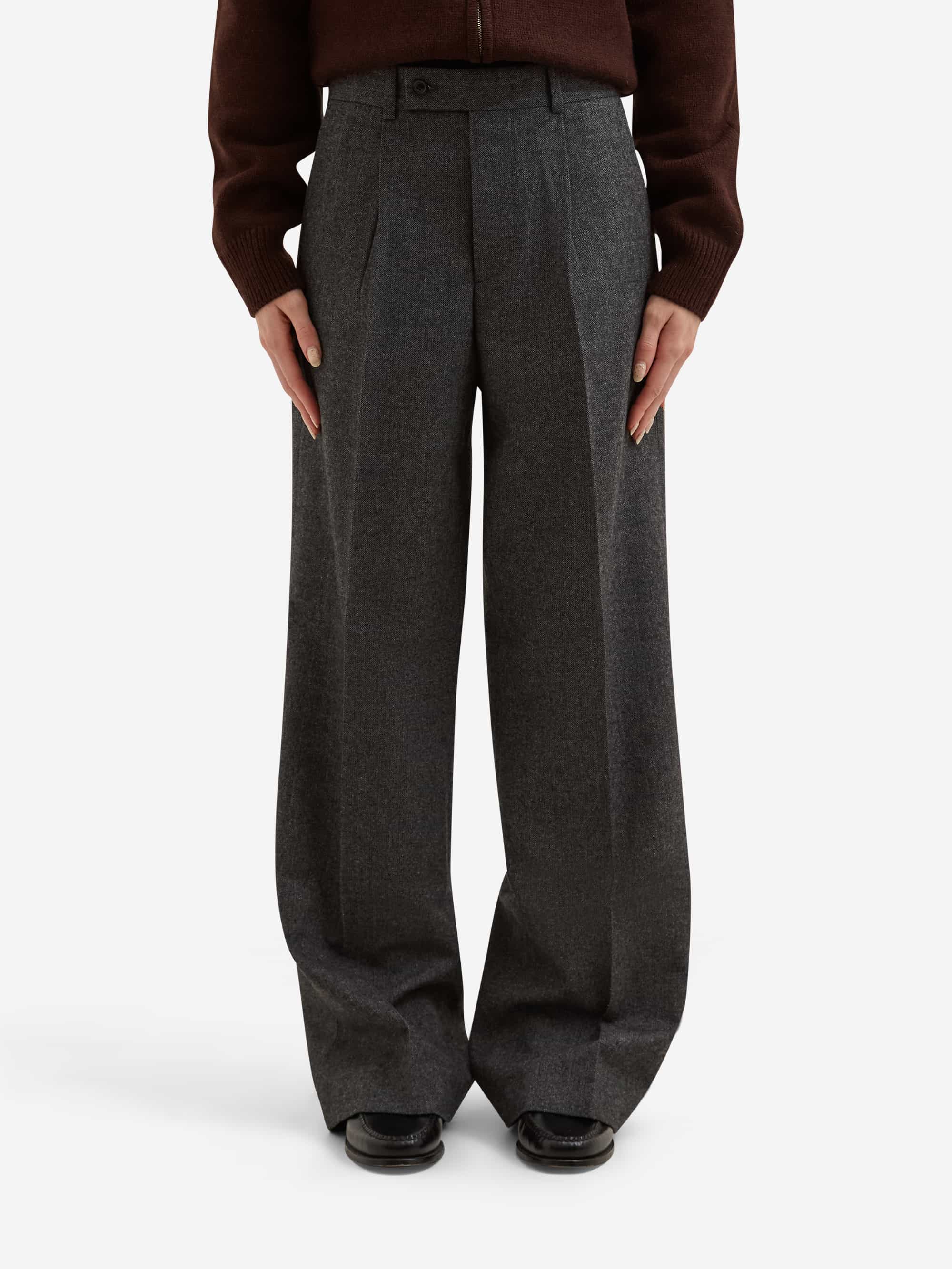 Tonywack Herringbone Wool Wide-Leg Pleated Trouser - Grey Herringbone