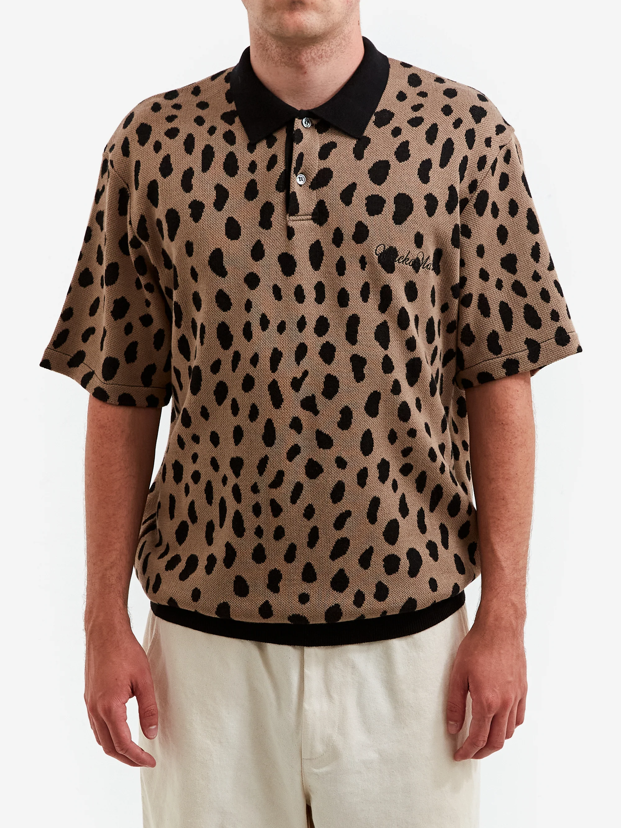 Wacko Maria Leopard Knit Short Sleeve Polo Shirt - Brown - Image 2